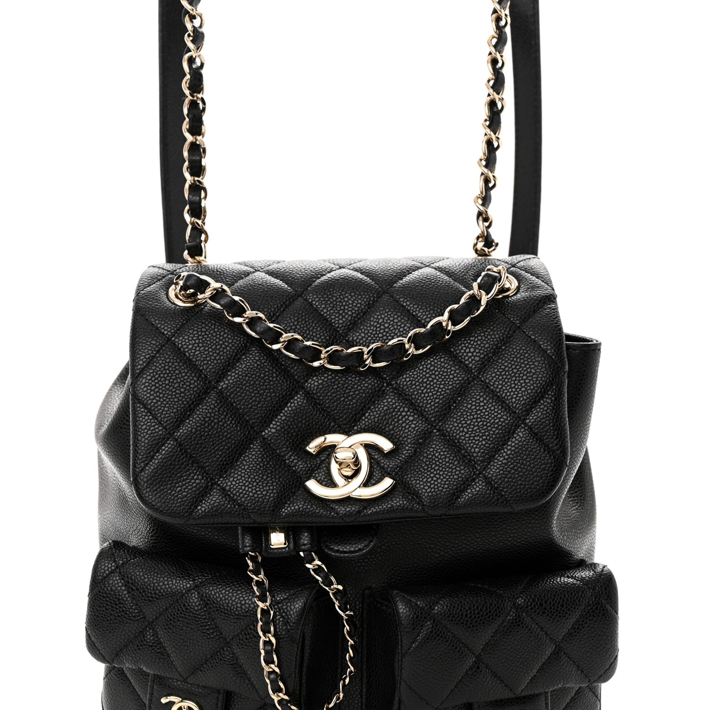Shiny Caviar Quilted Medium Duma Pockets Drawstring Backpack Black