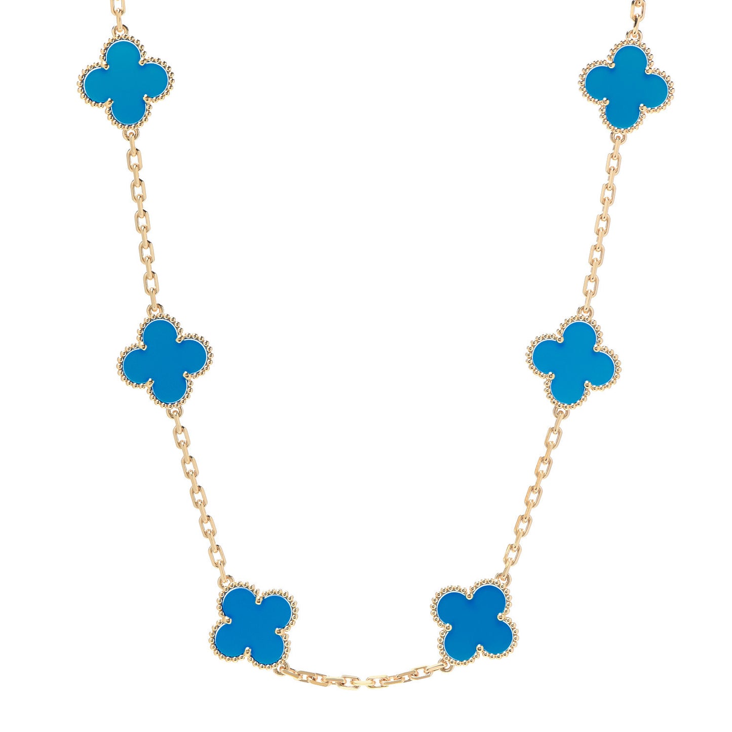18K Yellow Gold Blue Agate 10 Motifs Vintage Alhambra Necklace