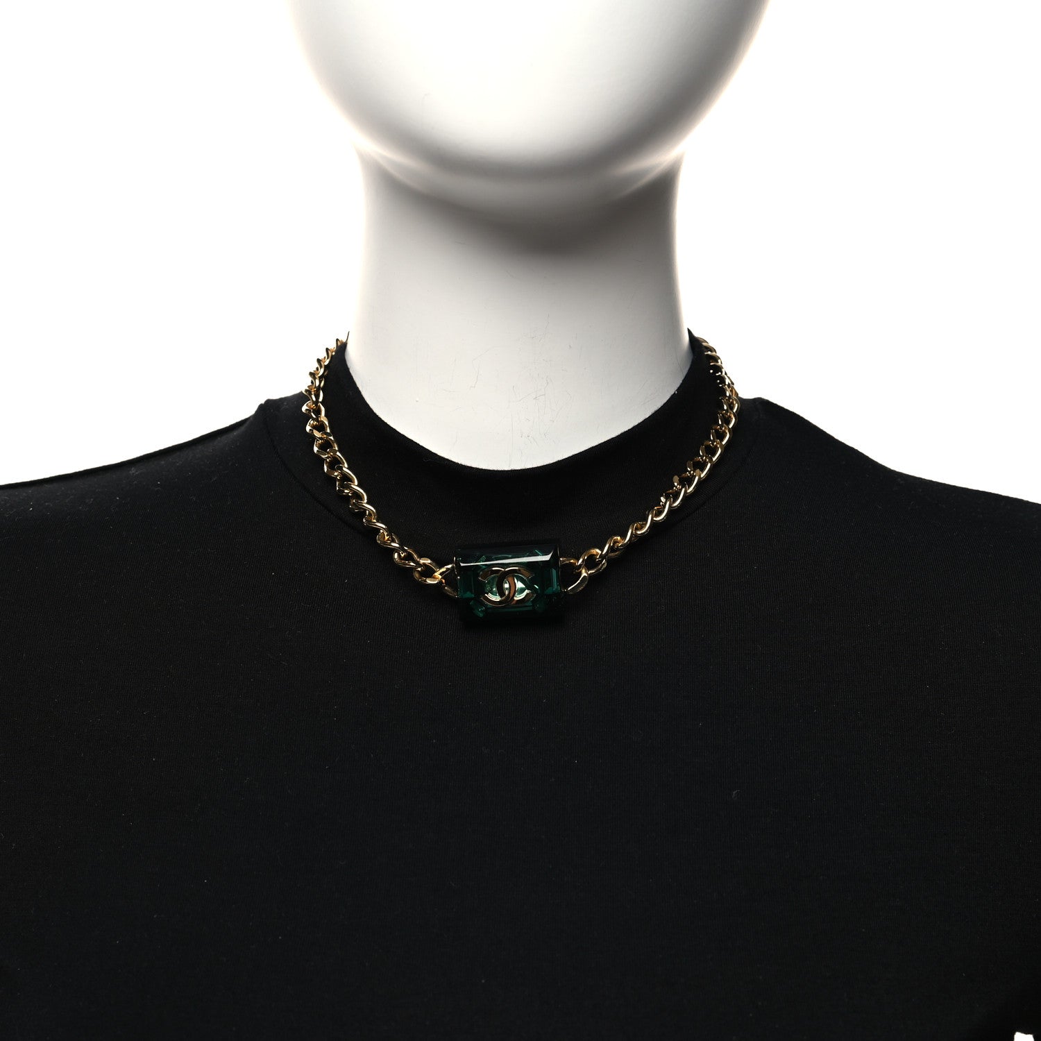 Chanel CC Chain Link Choker Necklace Gold Green 2 of 5