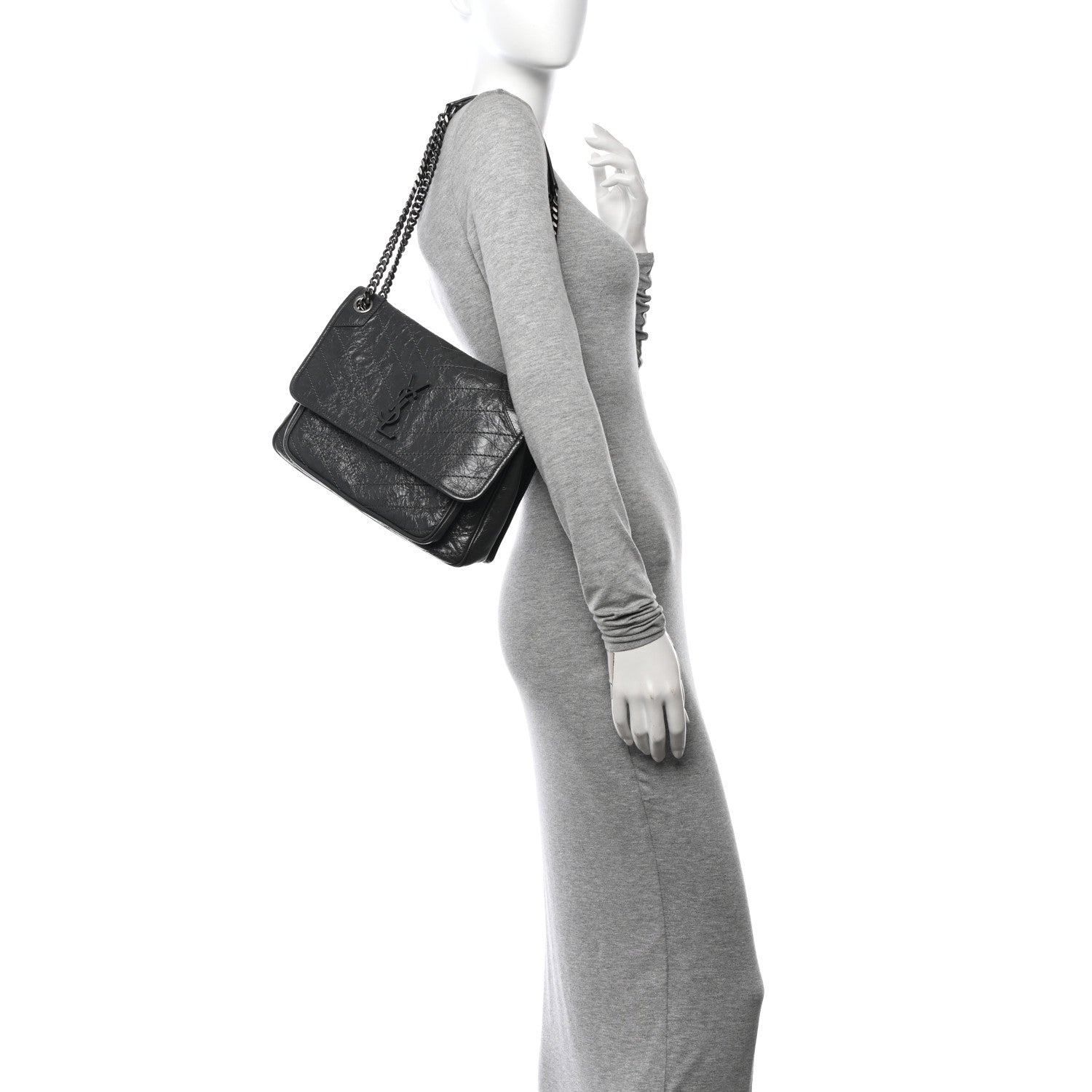 Saint Laurent Crinkled Calfskin Matelasse Monogram Medium Niki Chain Satchel Storm 2 of 10