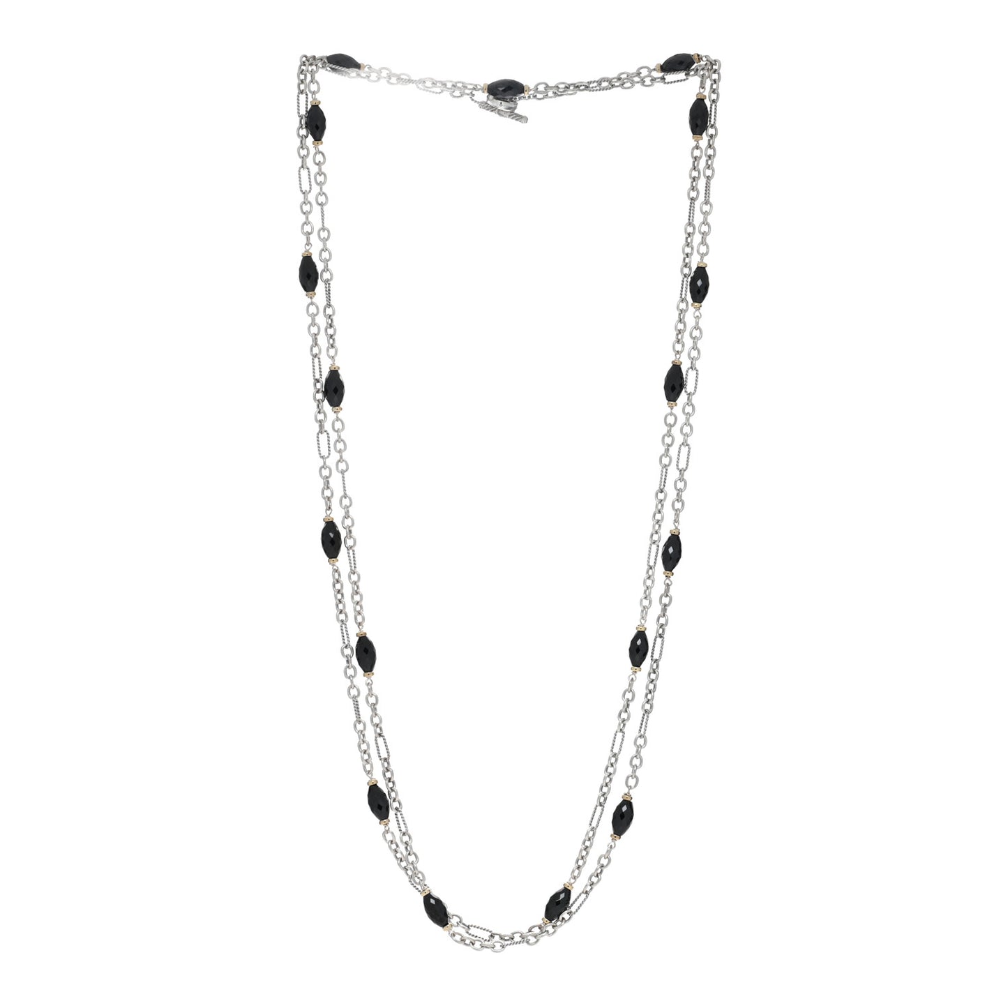 Sterling Silver 18K Yellow Gold Black Onyx Figaro Chain Necklace 72"