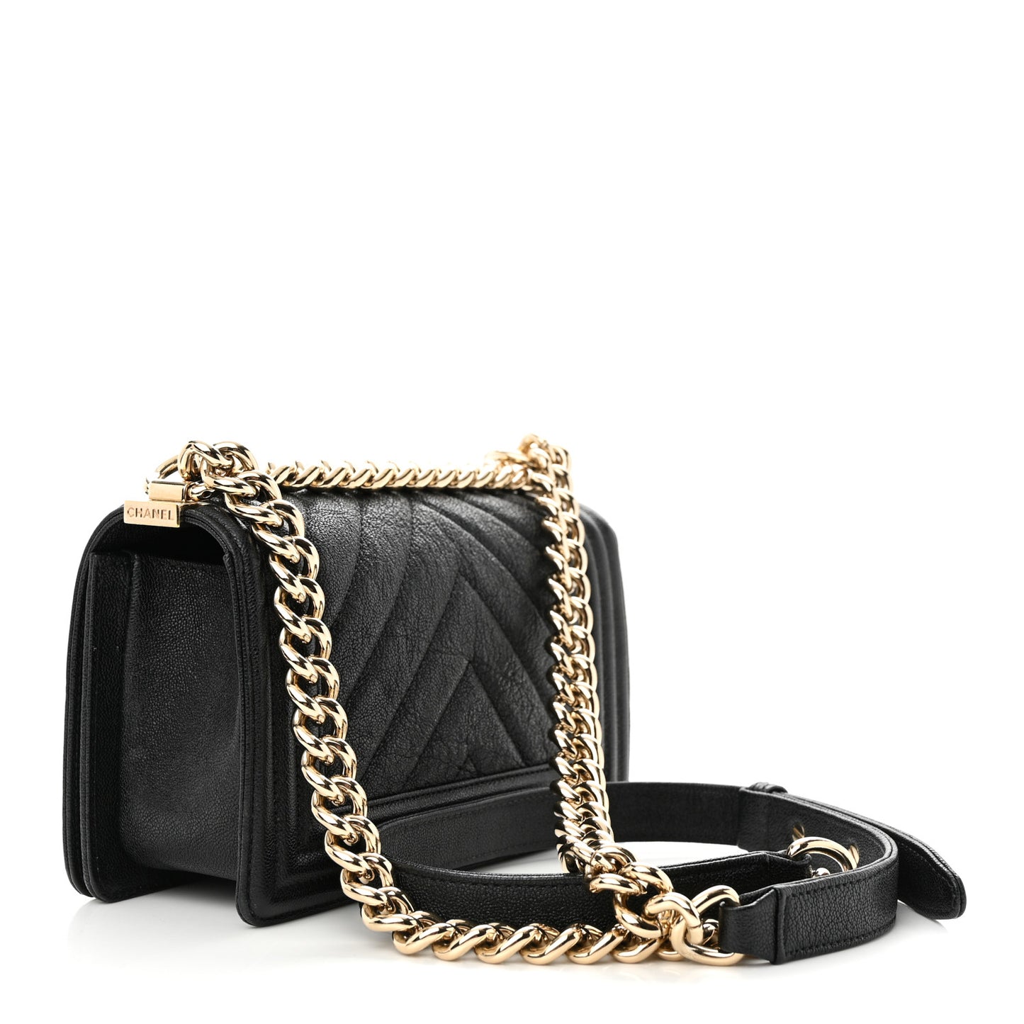 Iridescent Caviar Chevron Quilted Small Boy Flap Black
