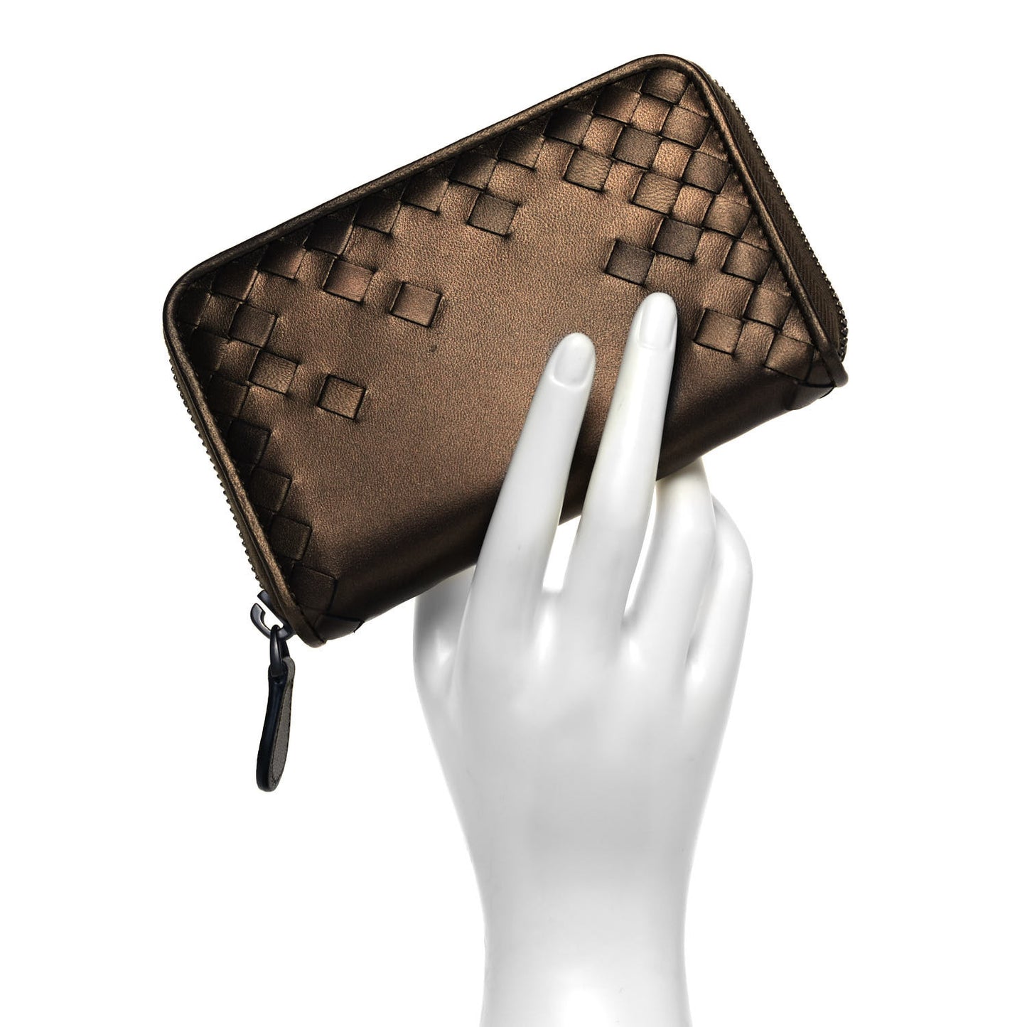 Metallic Nappa Intrecciato Zip Around Wallet Dark Copper
