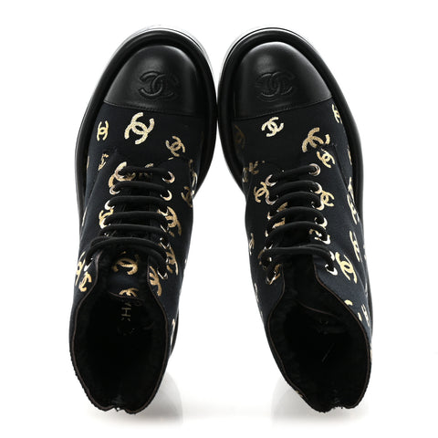 Lambskin Shearling Canvas CC Lace Up Boots 36.5 Black Gold