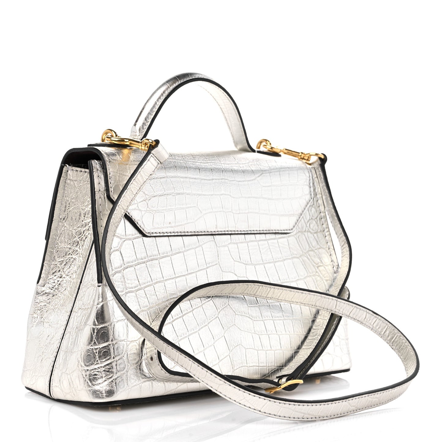 Metallic Calfskin Crocodile Embossed Mini Seaton Silver