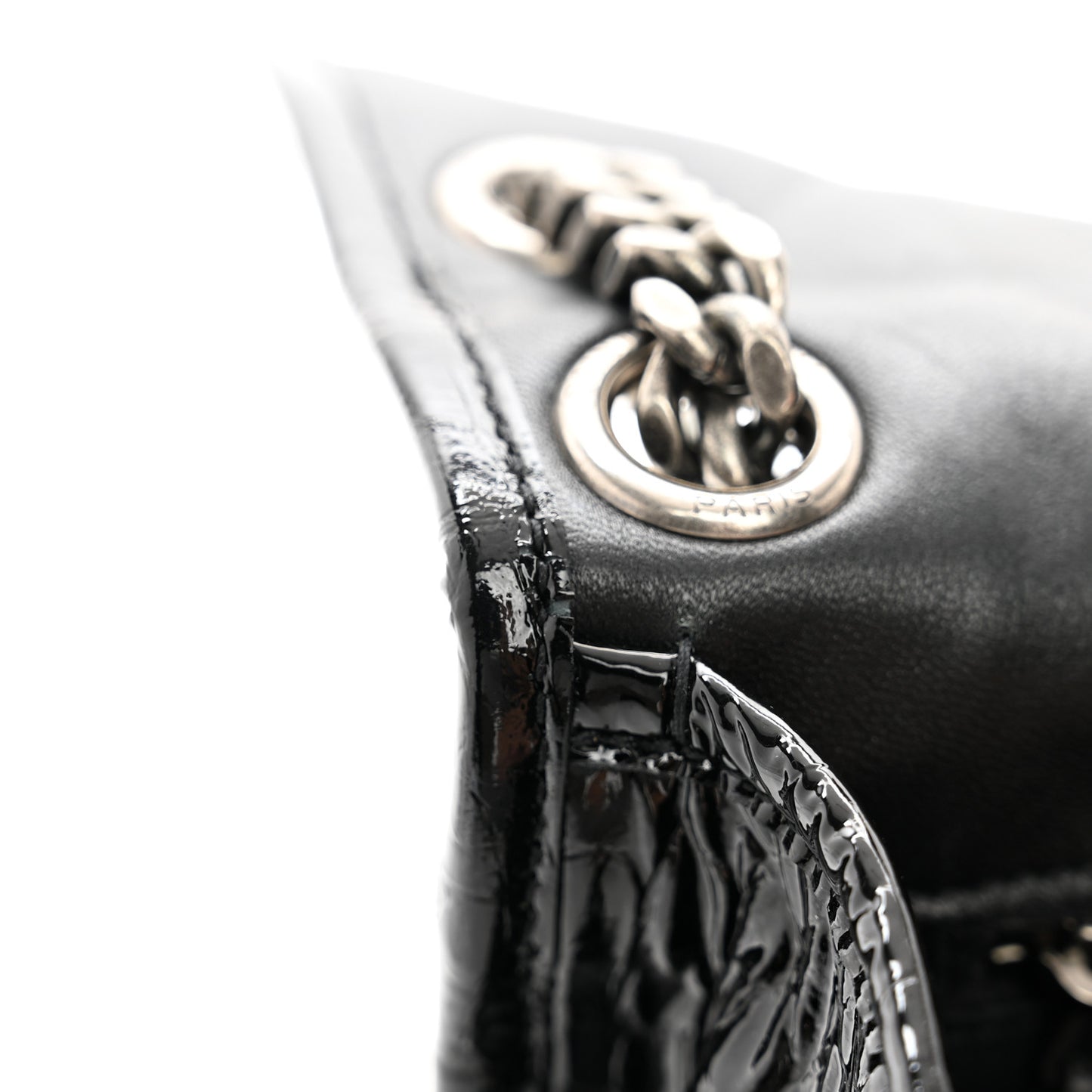 Patent Crocodile Embossed Lambskin Monogram Medium Niki Chain Satchel Black