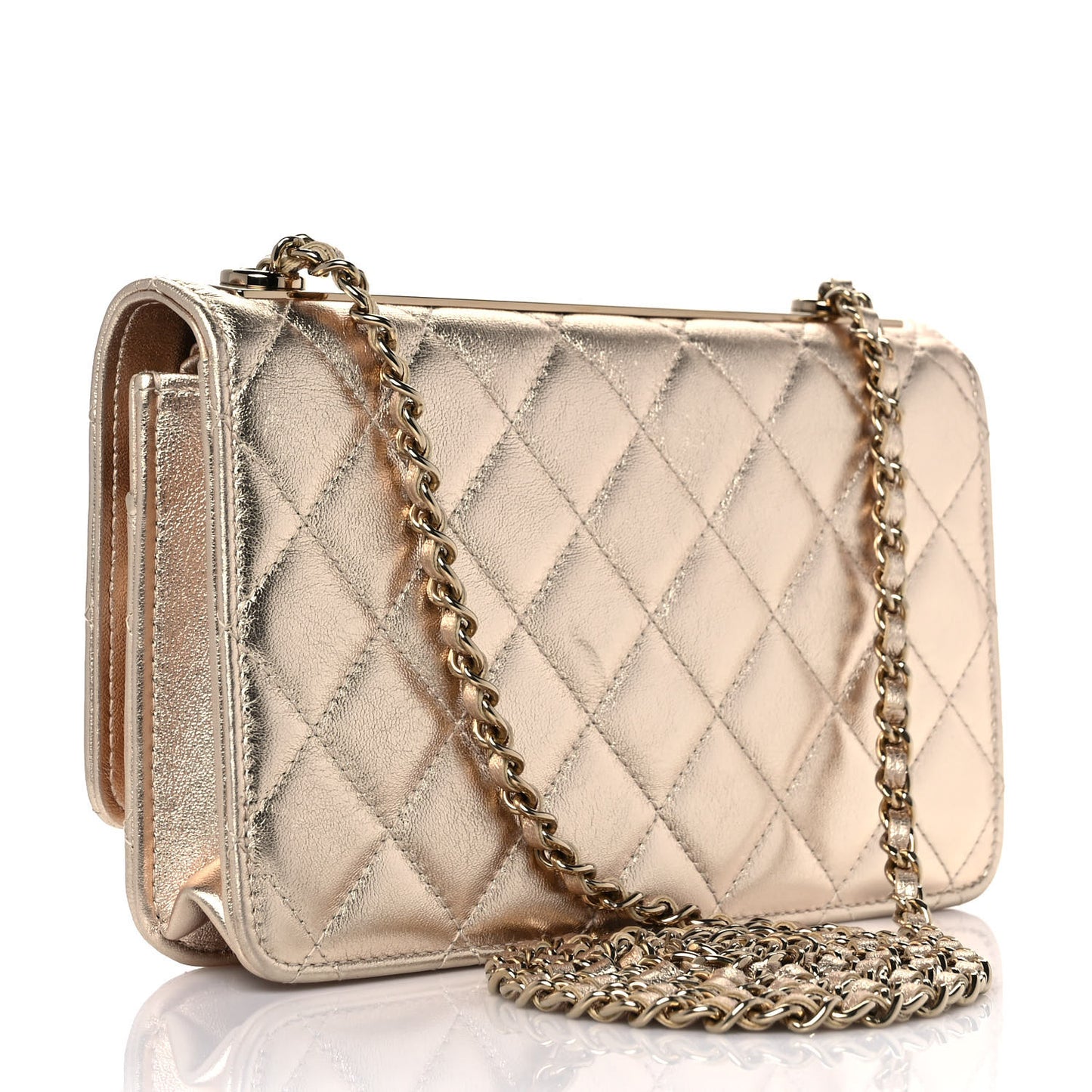 Metallic Lambskin Quilted Trendy CC Wallet On Chain WOC Gold
