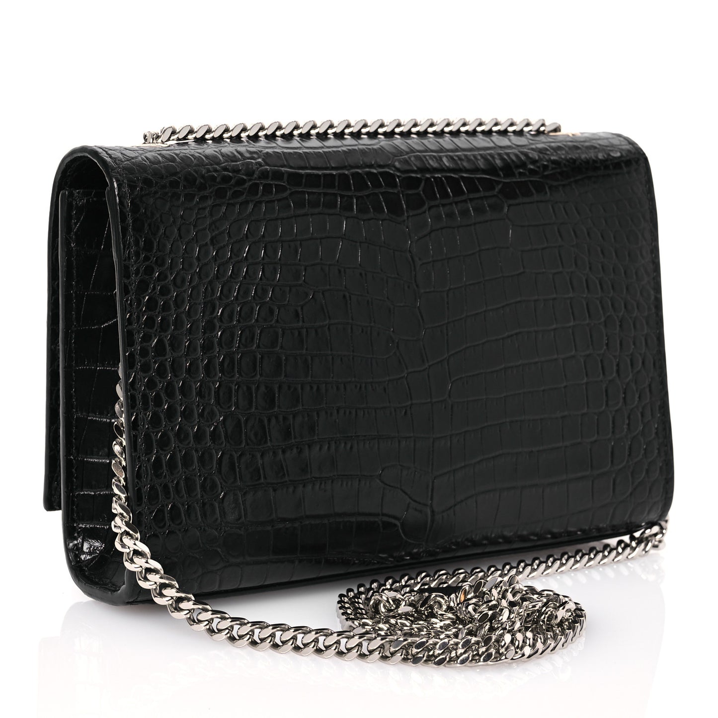 Calfskin Crocodile Embossed Small Classic Monogram Kate Tassel Satchel Black