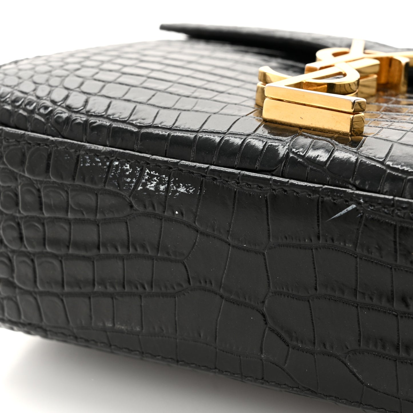 Calfskin Crocodile Embossed Mini Classic Monogram Cassandra Top Handle Black