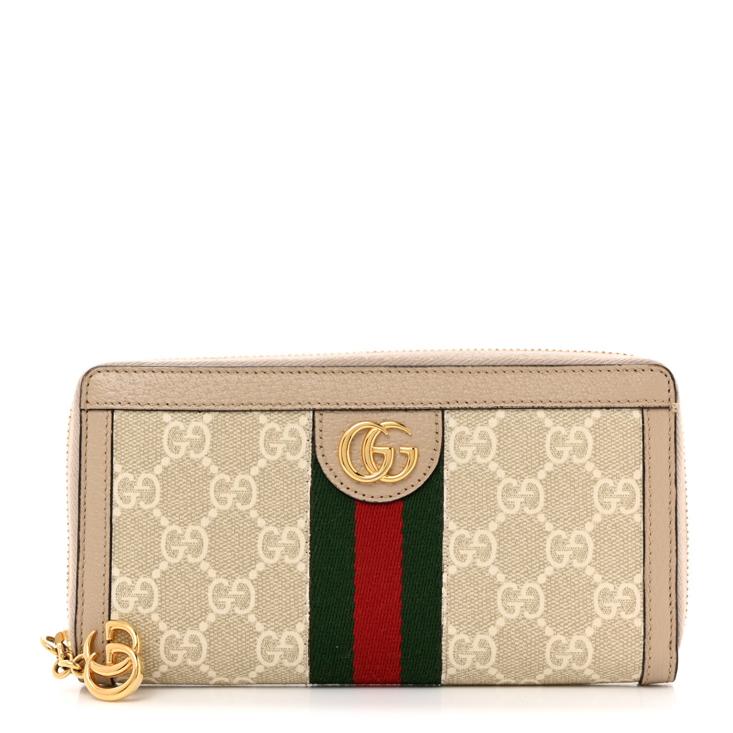 Gucci GG Supreme Monogram Textured Dollar Calfskin Web Ophidia Zip Around Wallet Beige Mystic White Oatmeal 1 of 8