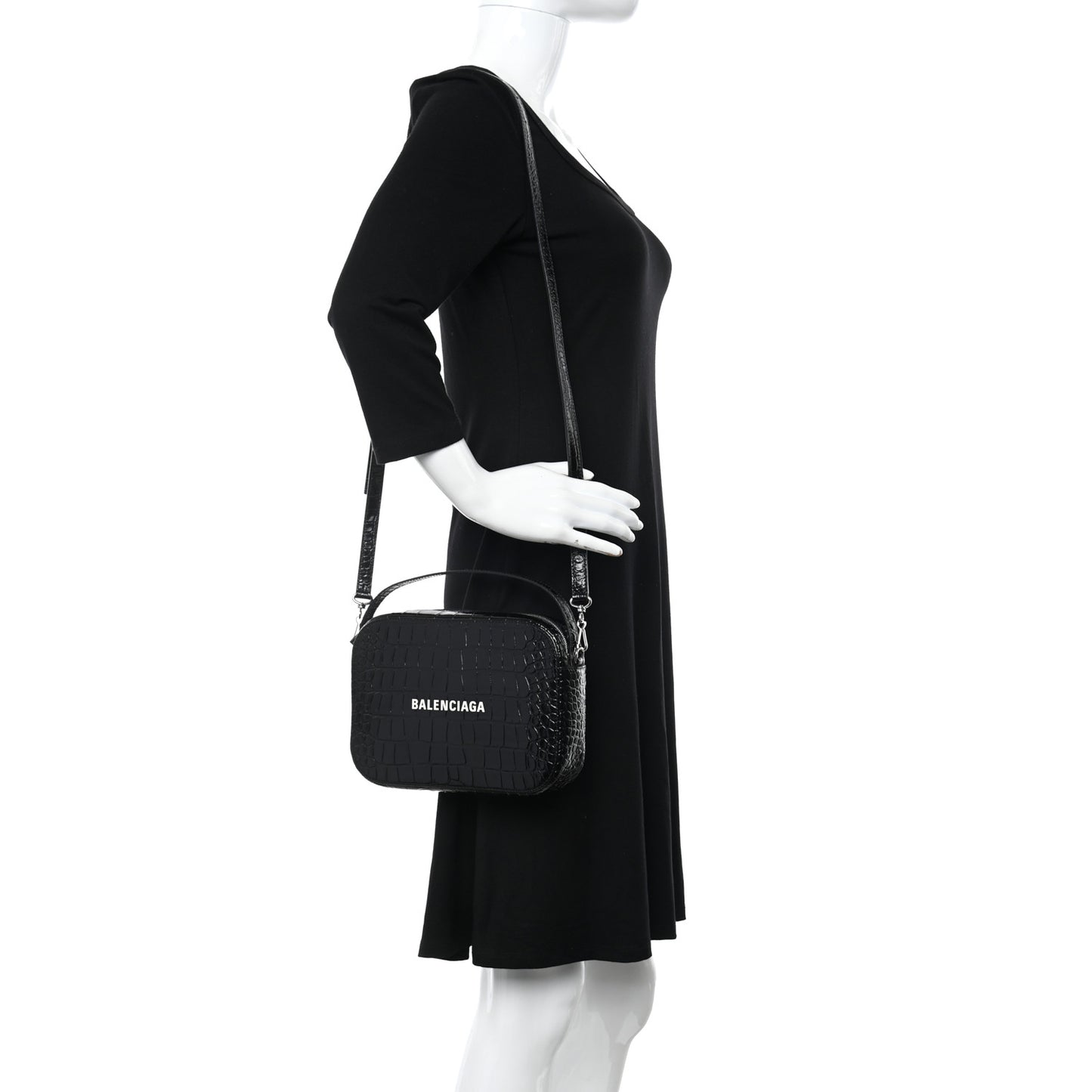 Shiny Calfskin Logo Crocodile Embossed S Everyday Camera Bag with Handle Black