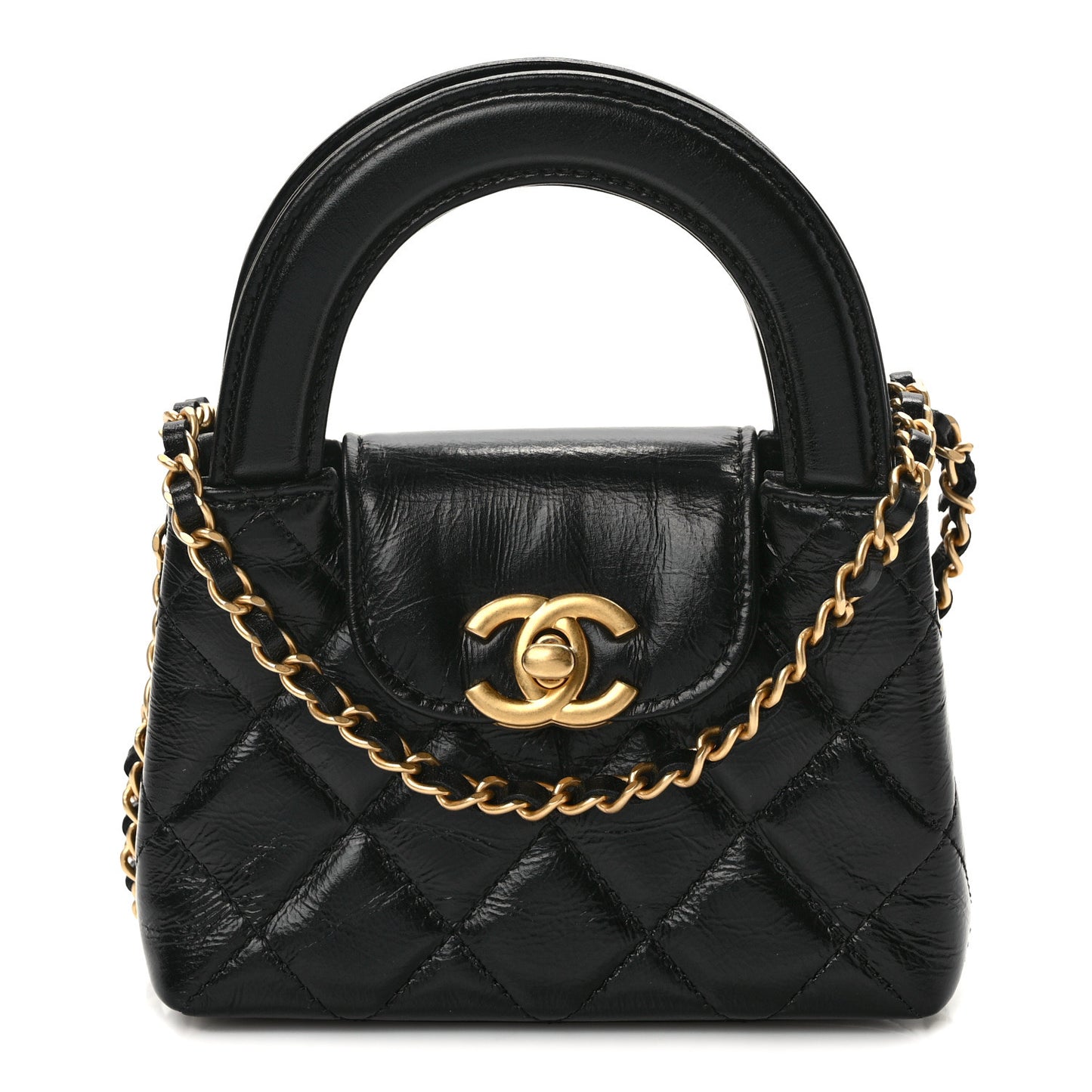 Shiny Aged Calfskin Quilted Mini Nano Kelly Shopper Black