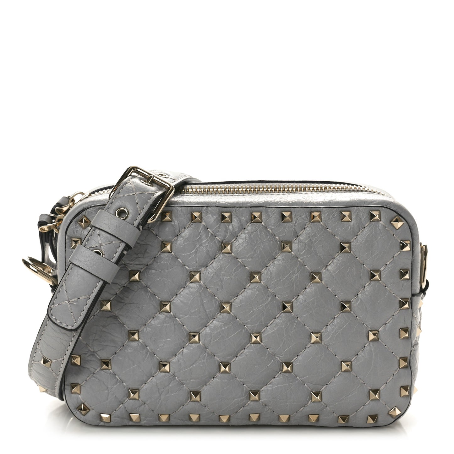 Craquele Nappa Rockstud Spike Camera Crossbody Bag Pastel Grey