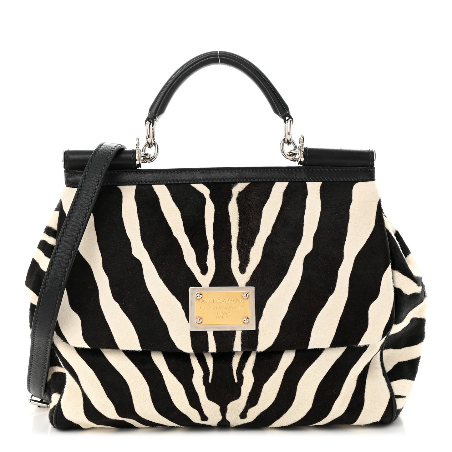 Calf Hair Zebra Print Large Miss Sicily Satchel Black White