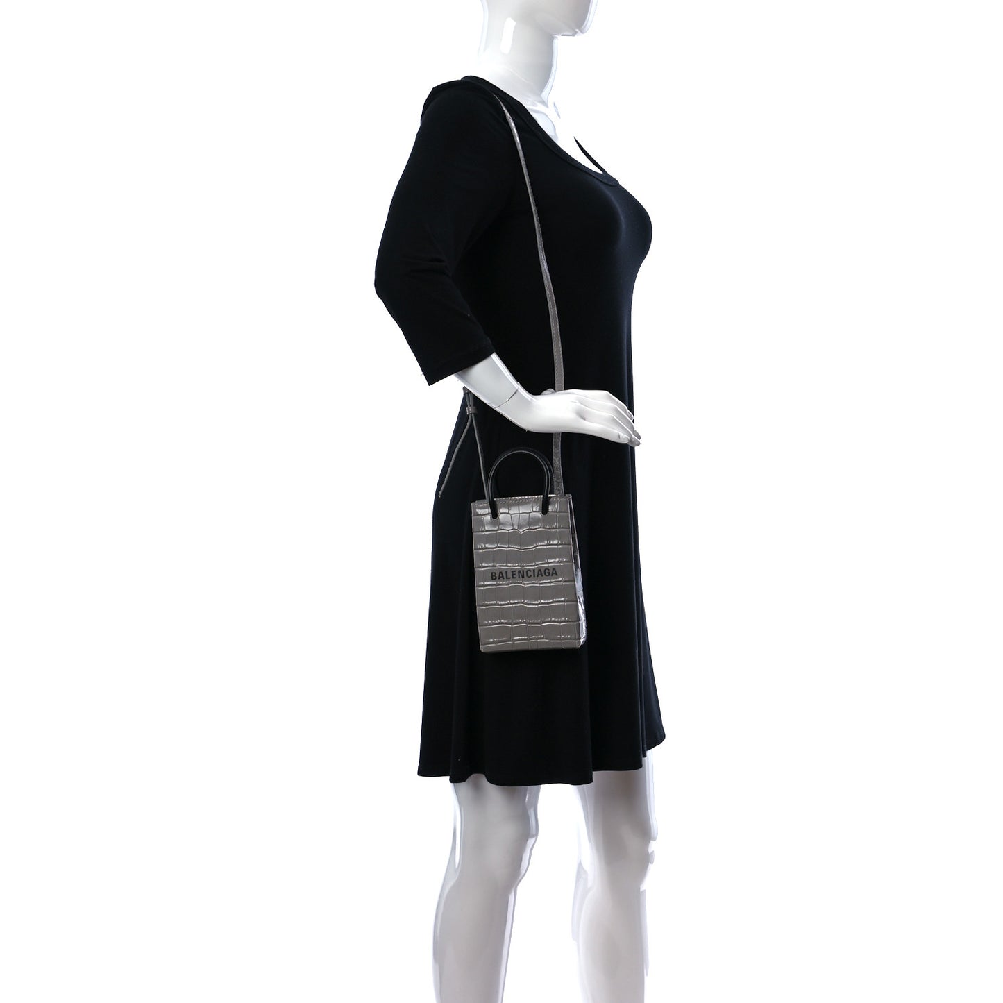 Calfskin Crocodile Embossed Logo Shopping Phone Holder Bag Steel Grey