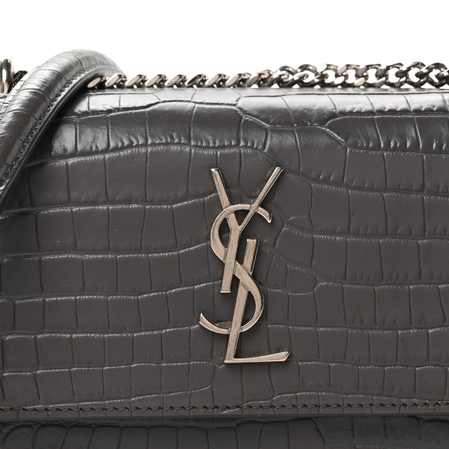 Calfskin Crocodile Embossed Monogram Sunset Chain Wallet Asphalt