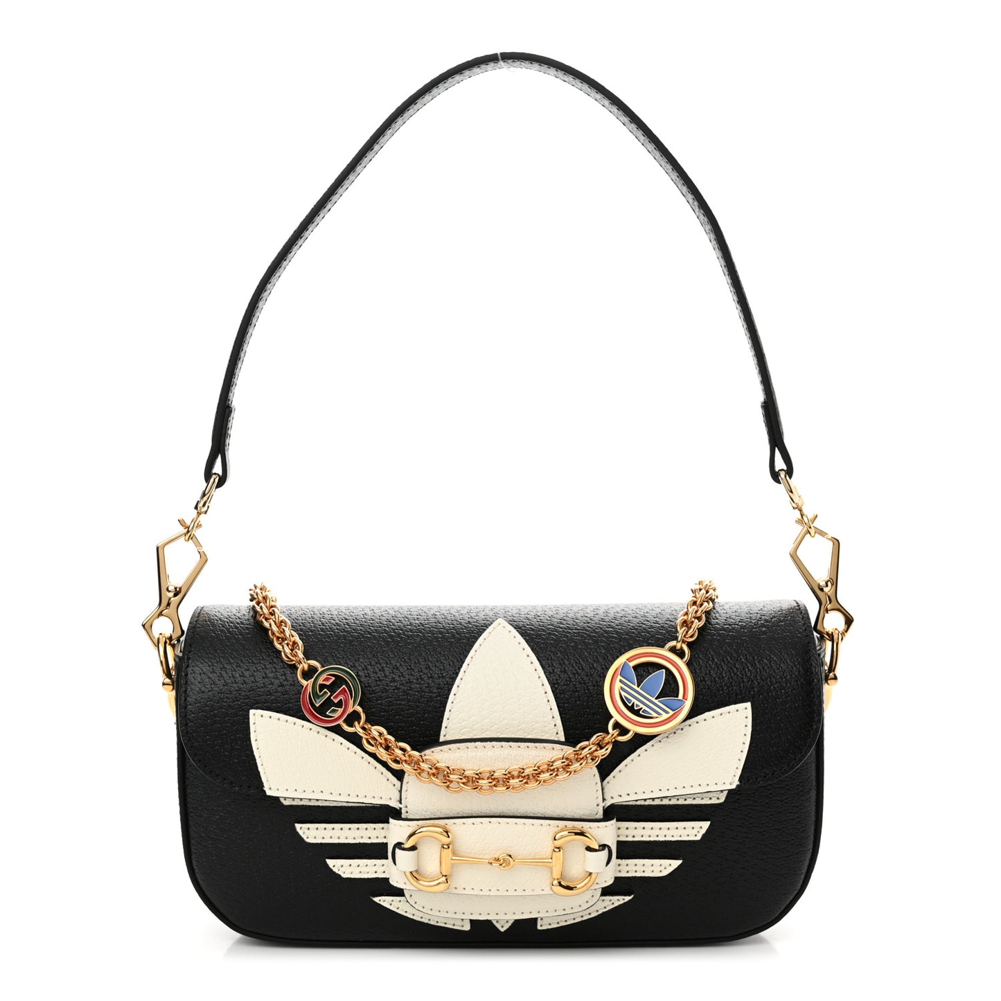 X ADIDAS Textured Dollar Calfskin Web Small Trefoil Horsebit 1955 Shoulder Bag Black Off White
