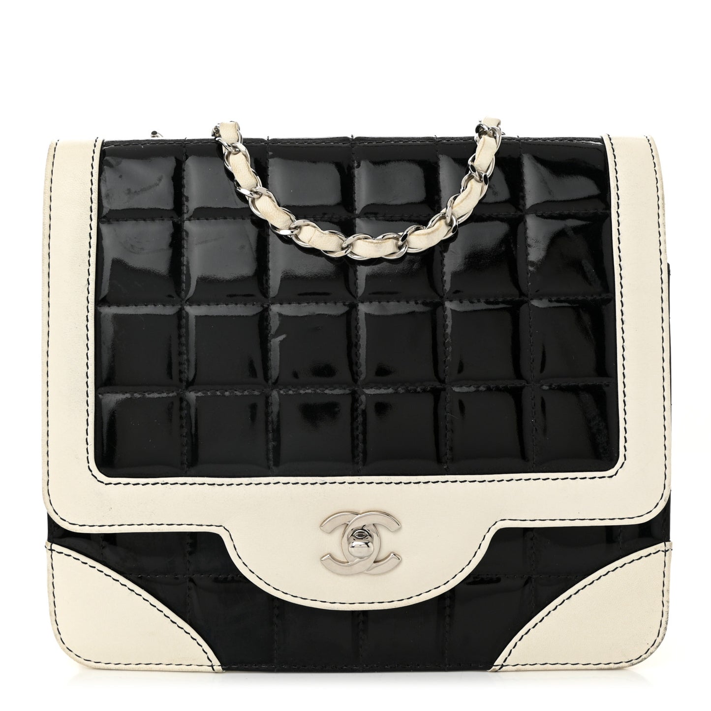 Lambskin Patent Chocolate Bar Flap Black White
