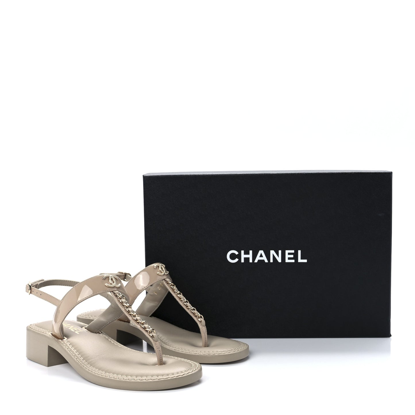 Lambskin Patent Chain CC Logo Thong Sandals 35.5 Beige
