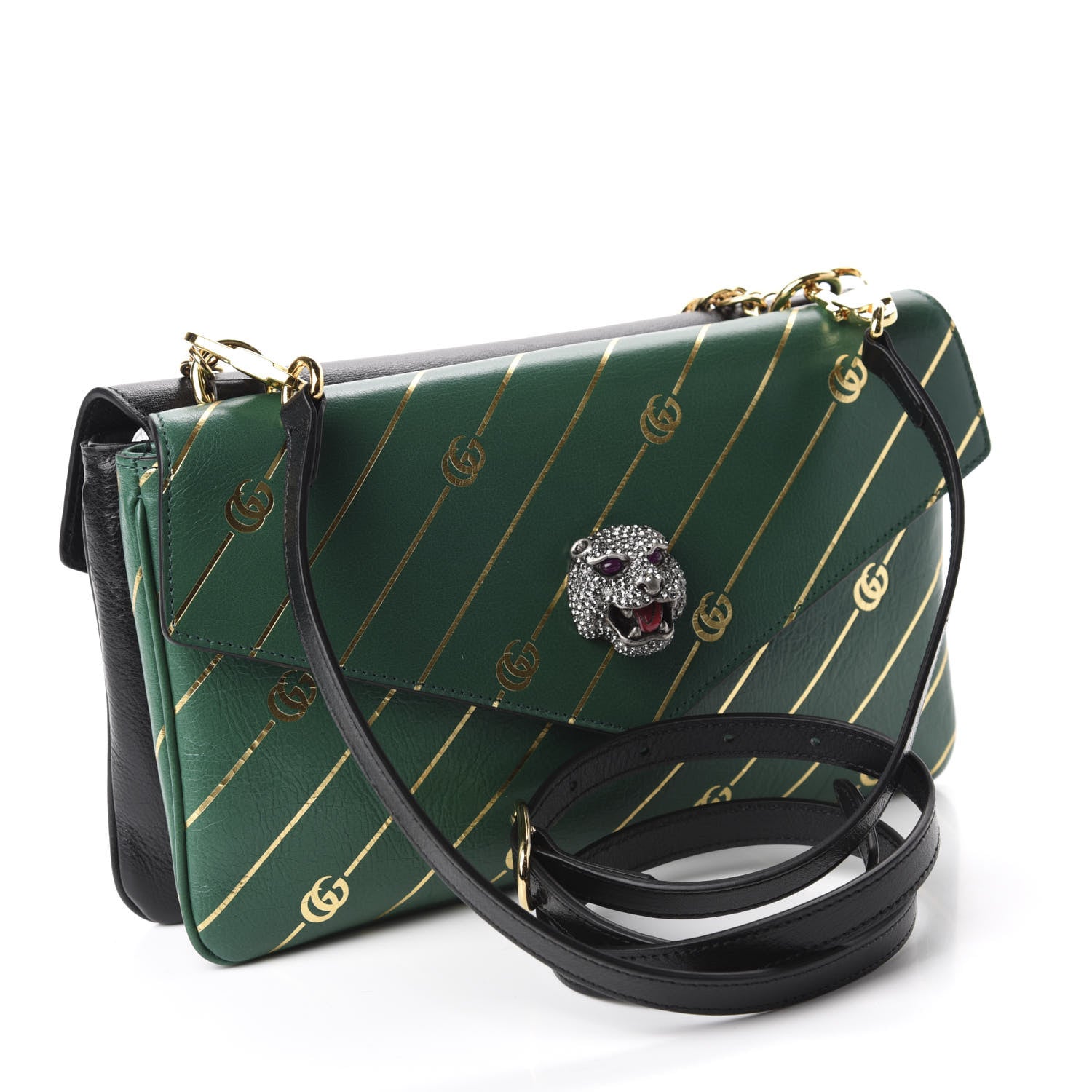 Gucci Calfskin Diagonal GG Medium Thiara Double Envelope Shoulder Bag Emerald Green Black 3 of 11