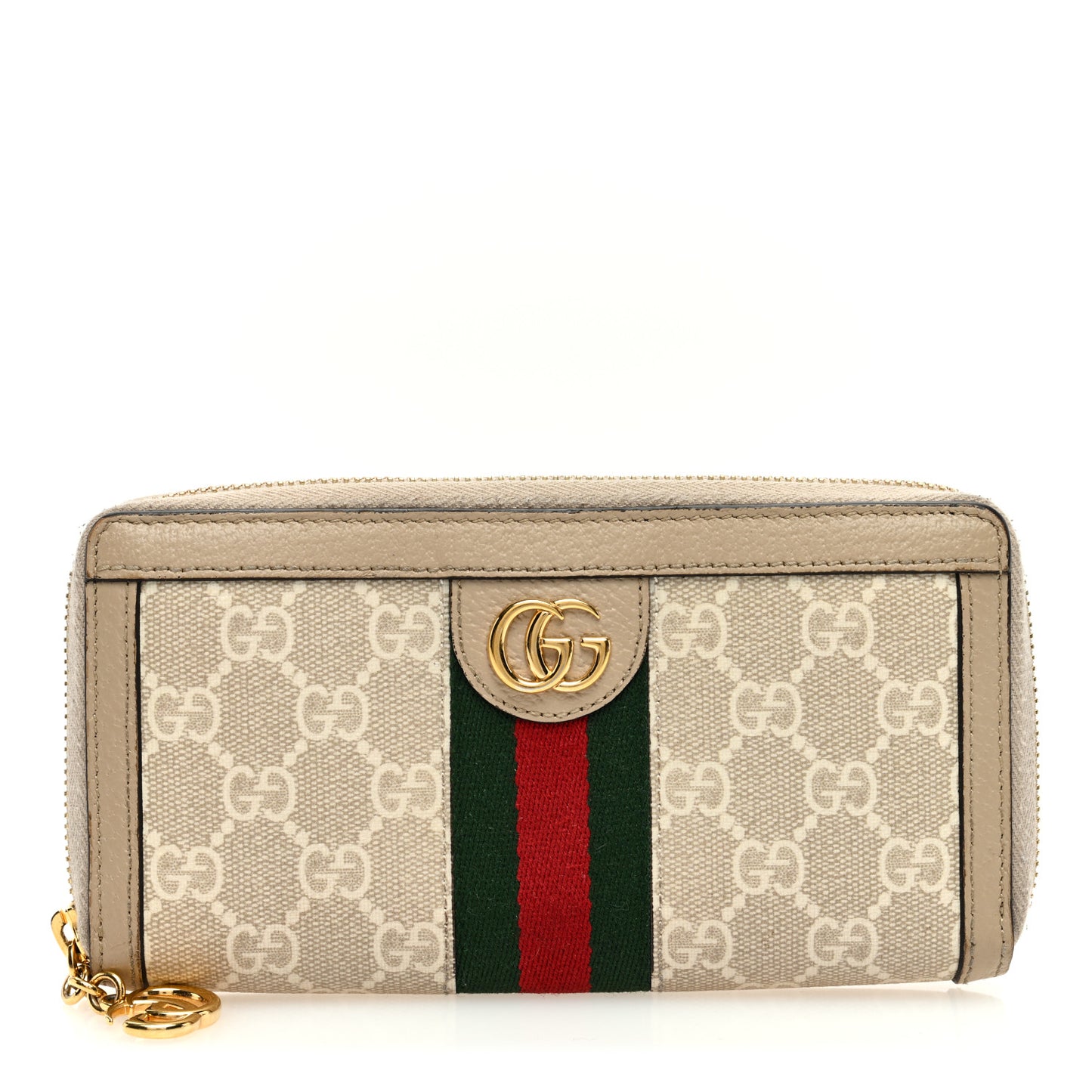 GG Supreme Monogram Textured Dollar Calfskin Web Ophidia Zip Around Wallet Beige Mystic White Oatmeal