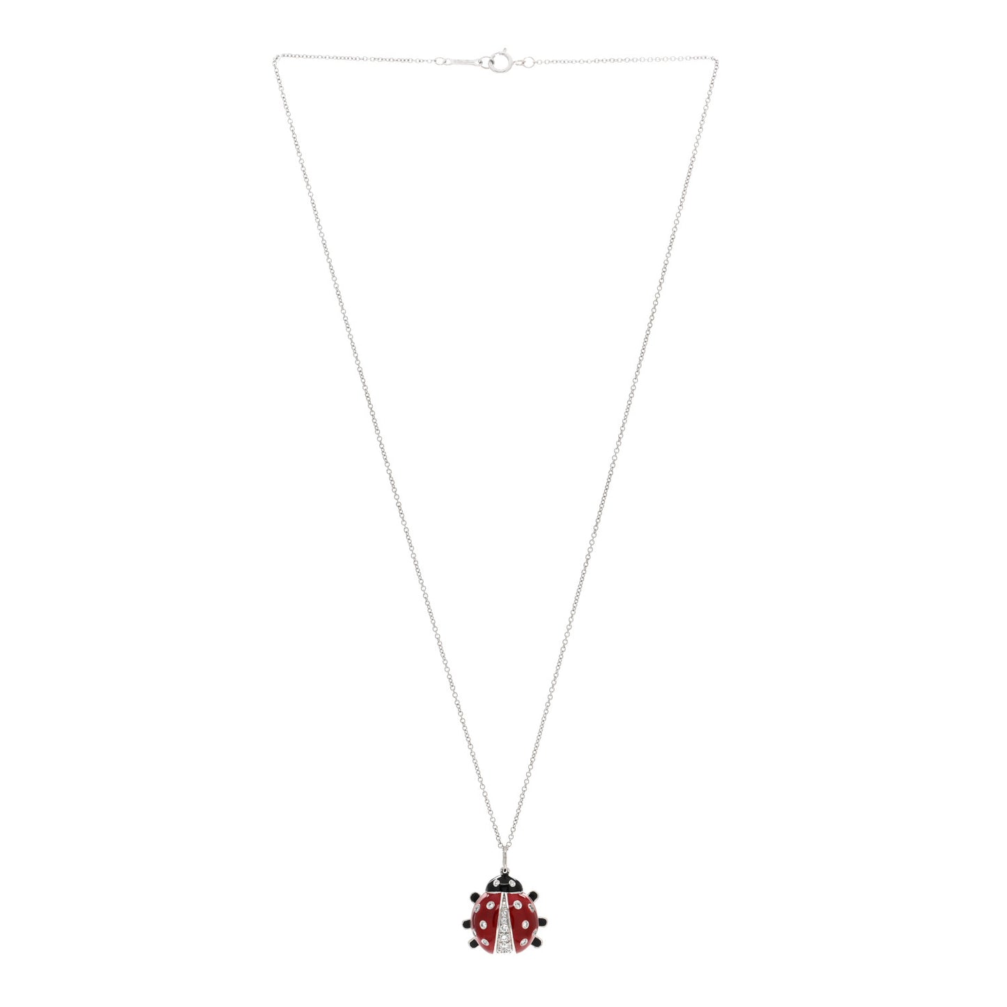 Platinum Diamond Enamel Ladybug Pendant Necklace Red Black