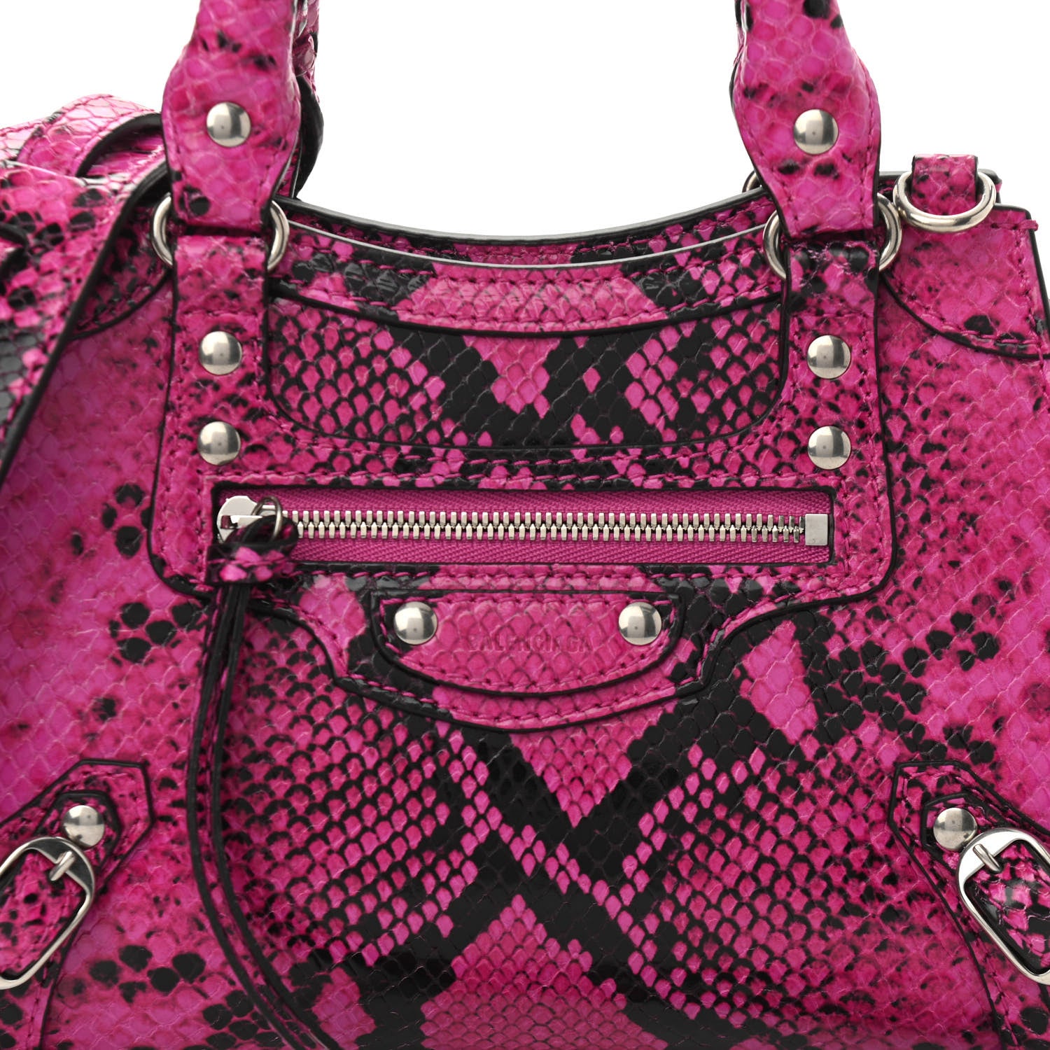 Balenciaga Calfskin Python Effect Neo Classic Silver Hardware Mini City Fuchsia Black 8 of 10
