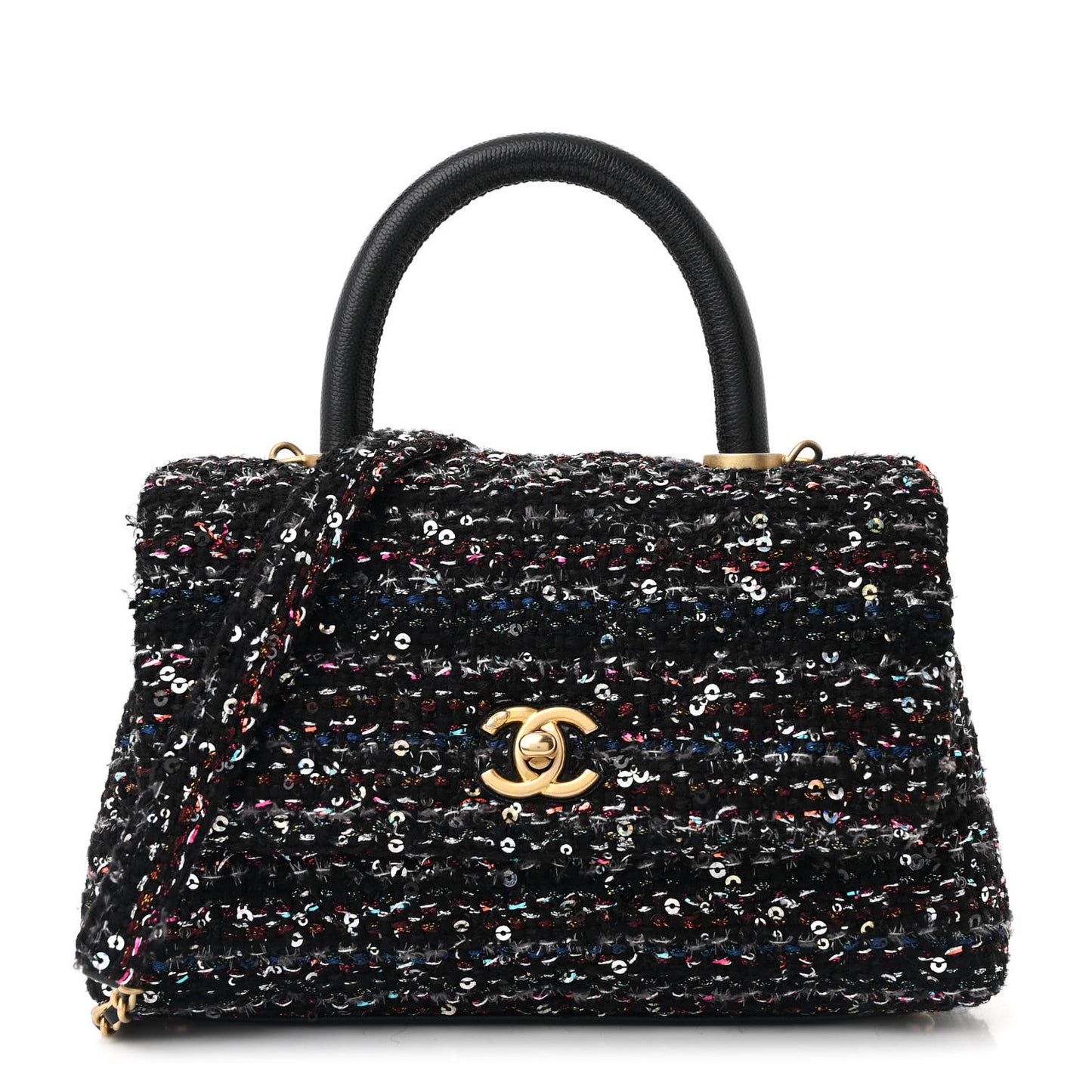 Tweed Sequin Mini Coco Handle Flap Black