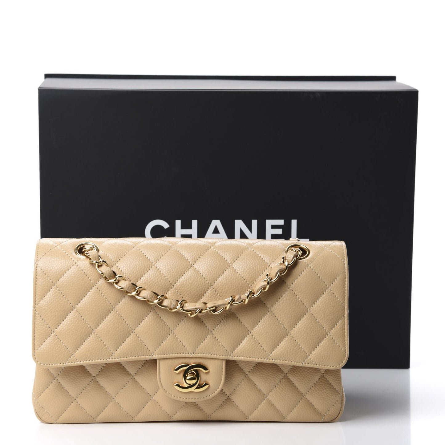 Caviar Quilted Medium Double Flap Beige Clair