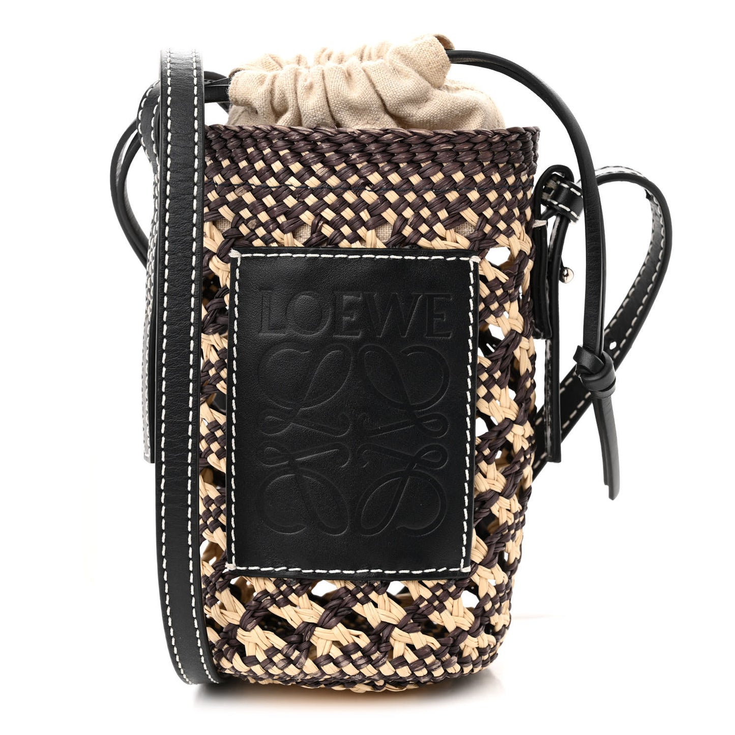 Calfskin Raffia Paula's Ibiza Pocket Bucket Bag Natural Navy Blue
