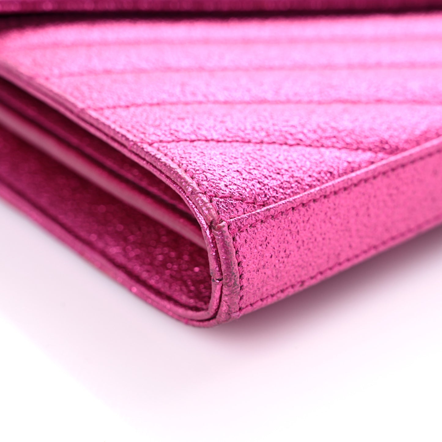 Metallic Crackled Calfskin Matelasse Chevron Monogram Chain Wallet Fuchsia