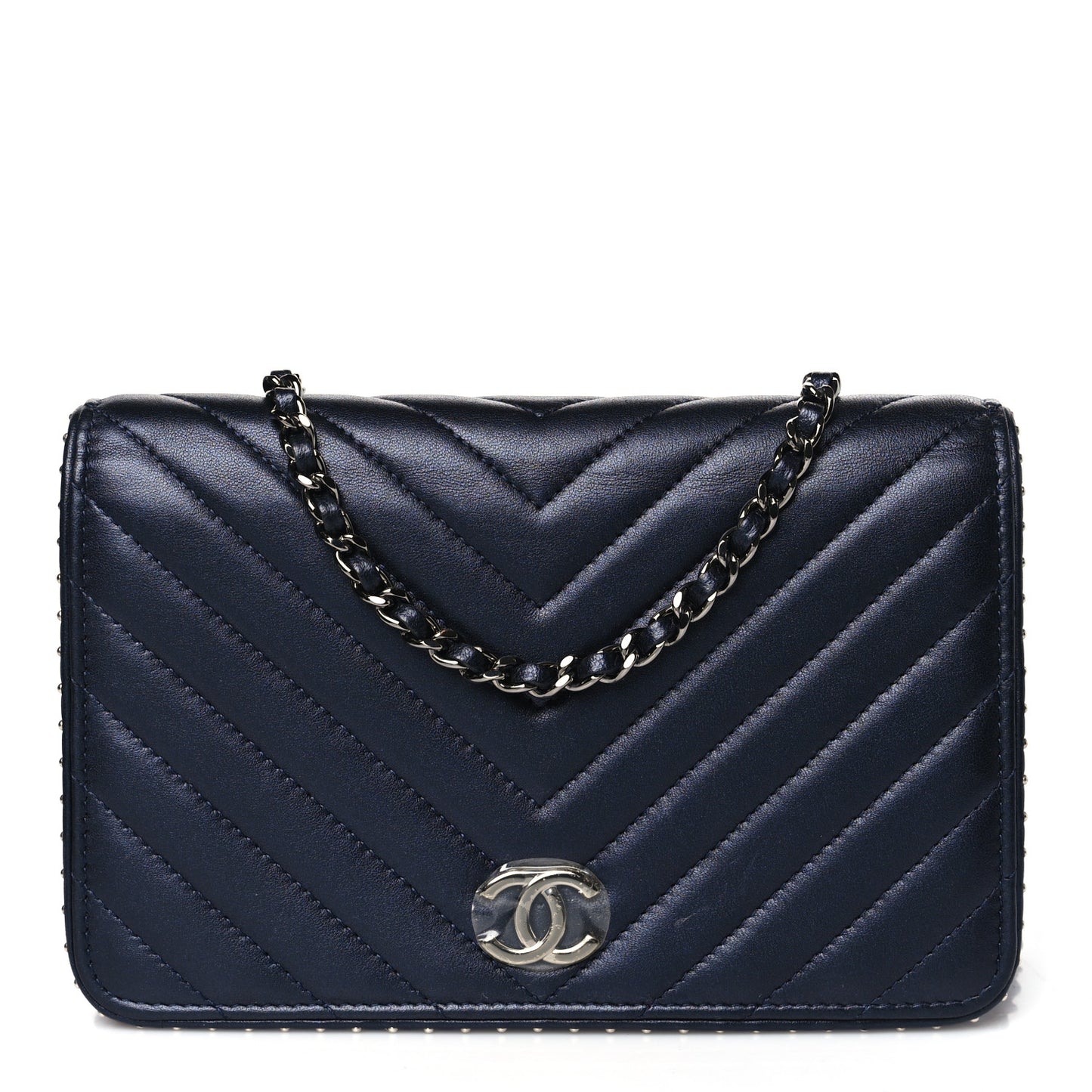Lambskin Chevron Quilted Studded Wallet On Chain WOC Navy
