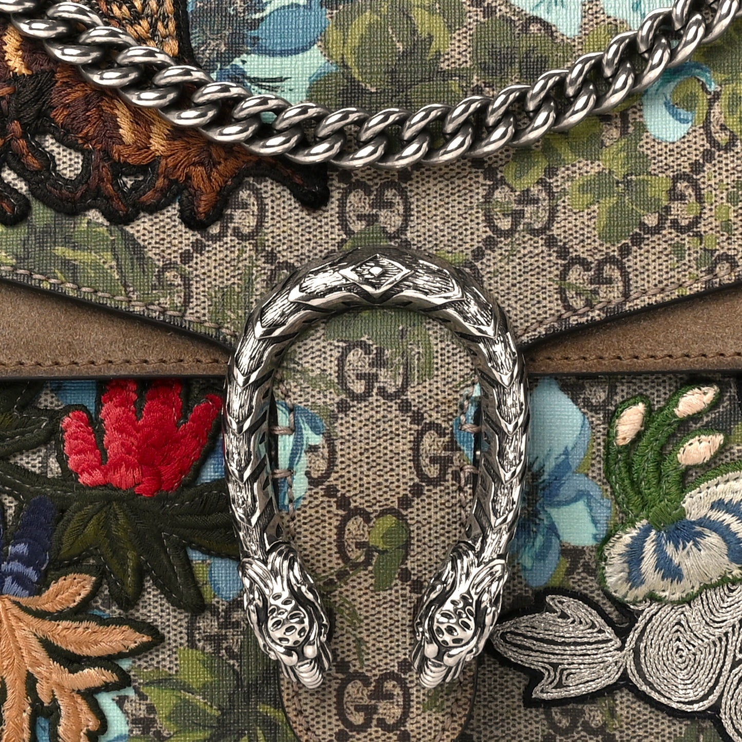 GG Supreme Monogram Blooms Print Embroidered Small Dionysus Shoulder Bag Blue Taupe
