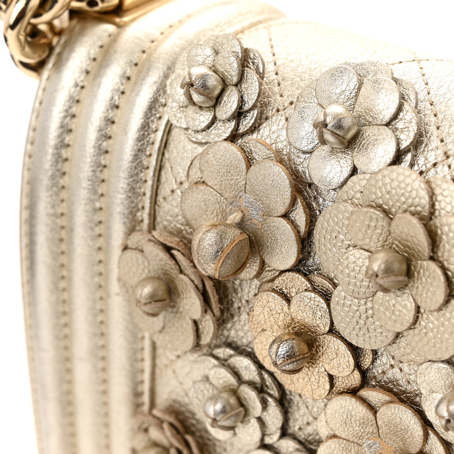 Metallic Calfskin Quilted Camellia Small Boy Flap Gold