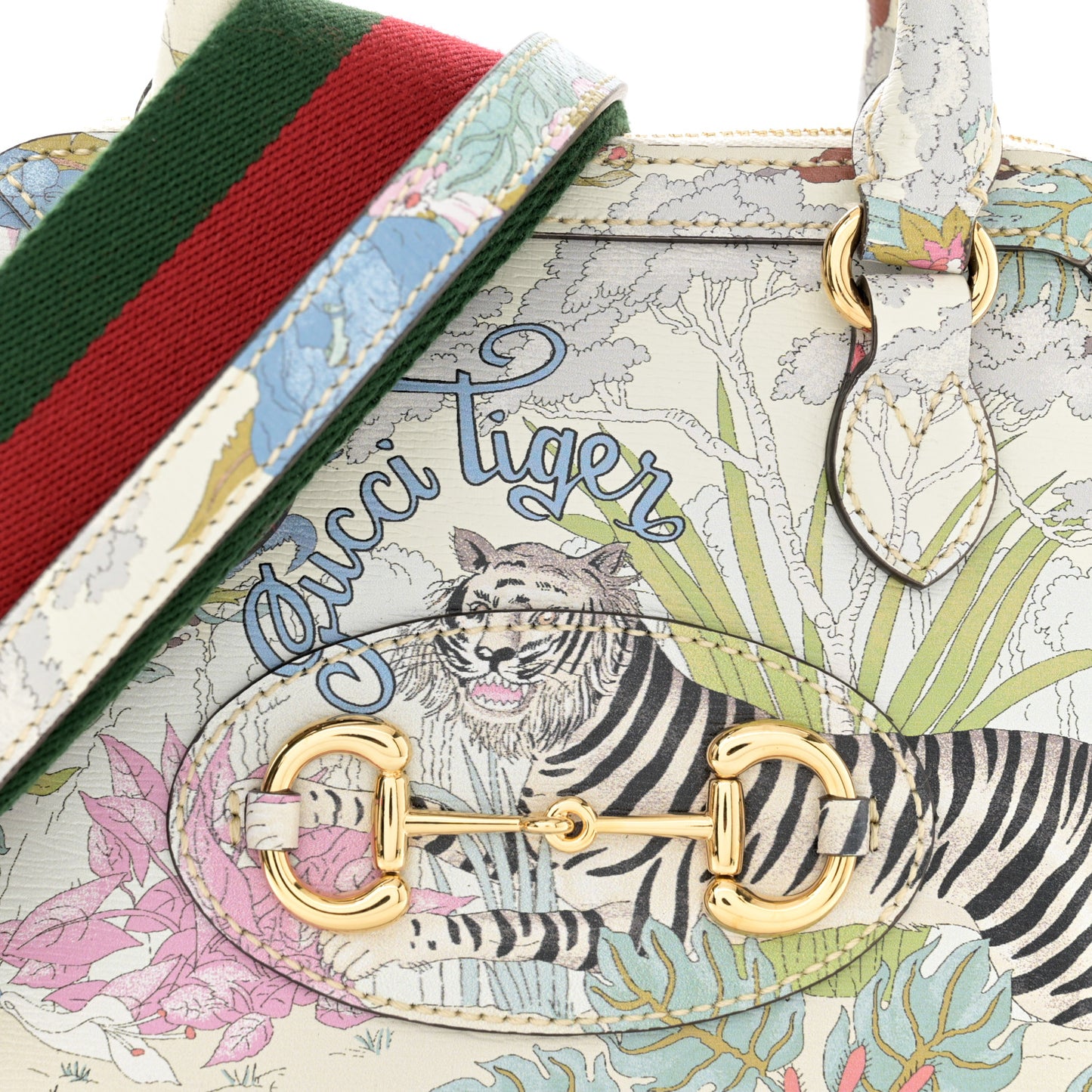 New Shangai Calfskin Tiger Savanah Web Small Horsebit 1955 Top Handle Bag Chalky White Multicolor