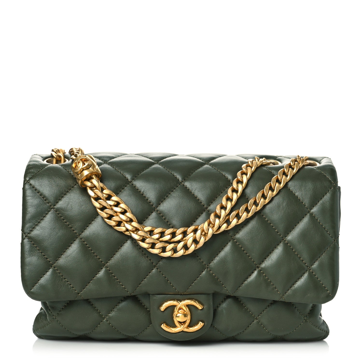 Chanel Lambskin Quilted Medium Pillow Crush Flap Khaki 1211254