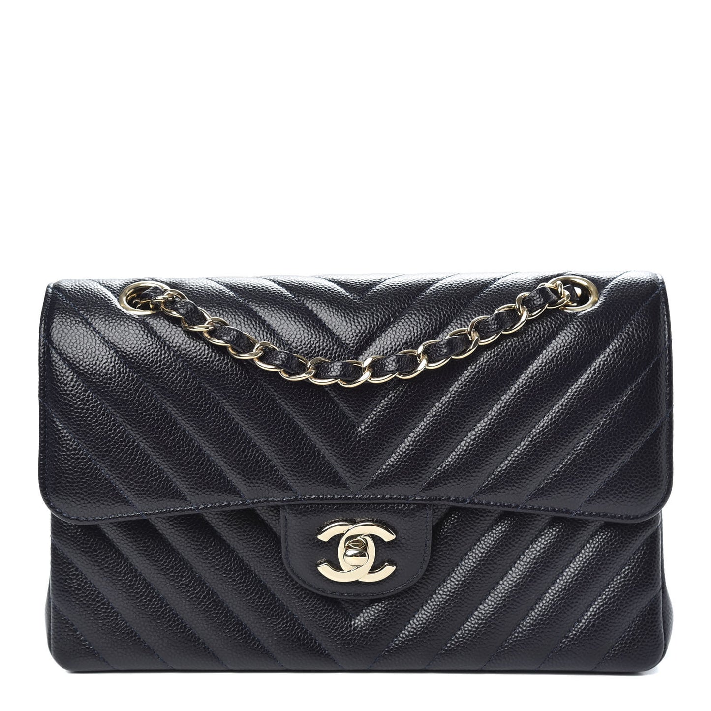 Caviar Chevron Quilted Small Double Flap Navy Blue