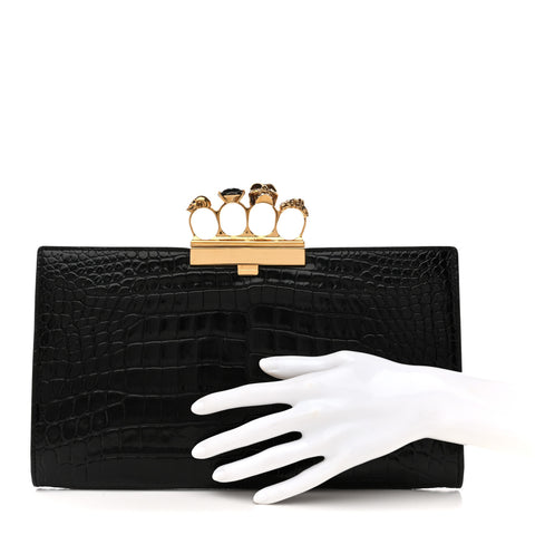 Calfskin Crocodile Embossed Knuckle Flat Clutch Black Gold