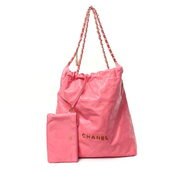 Shiny Calfskin Quilted Large Chanel 22 Coral Pink