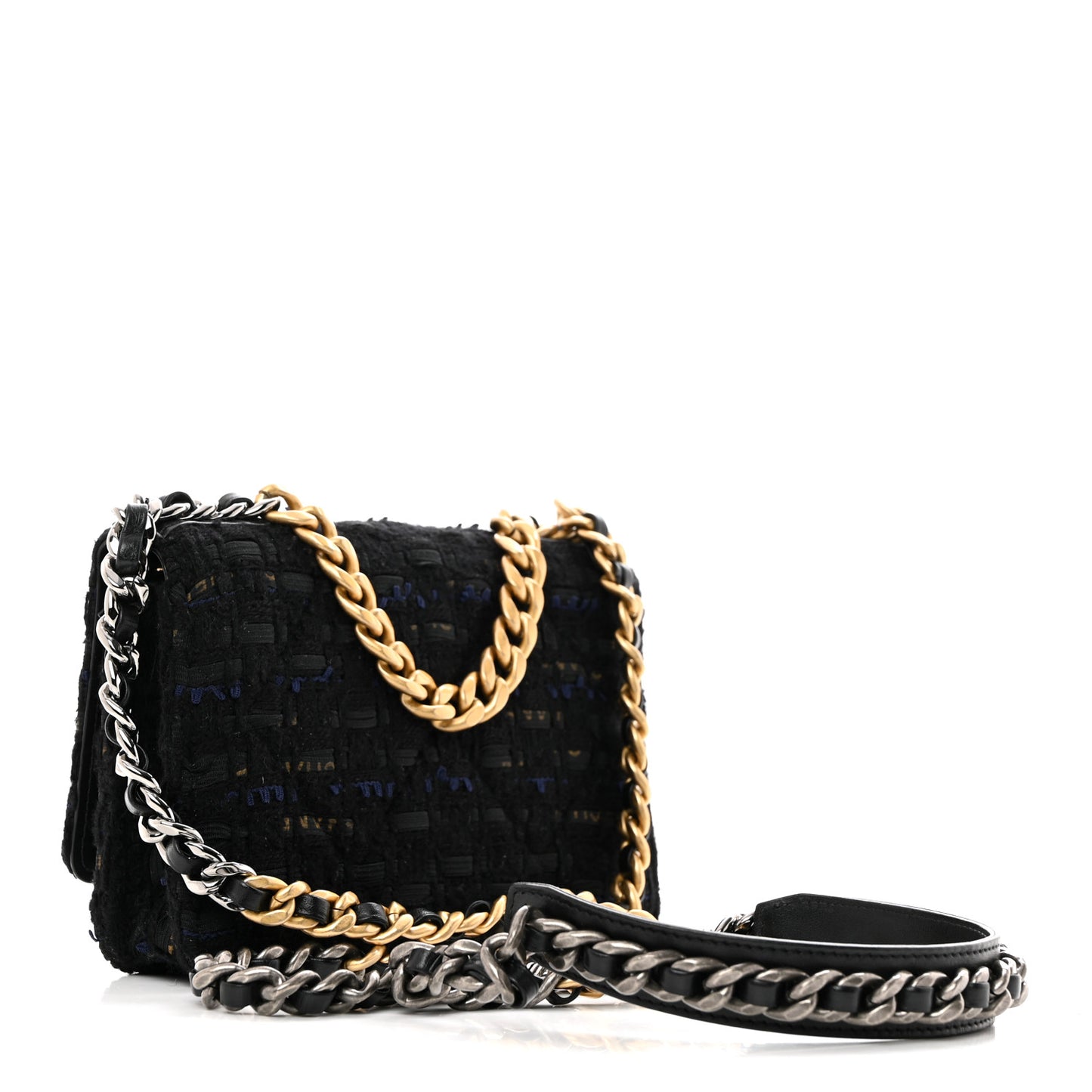 Tweed Quilted Chanel 19 Wallet On Chain WOC Black Navy Gold
