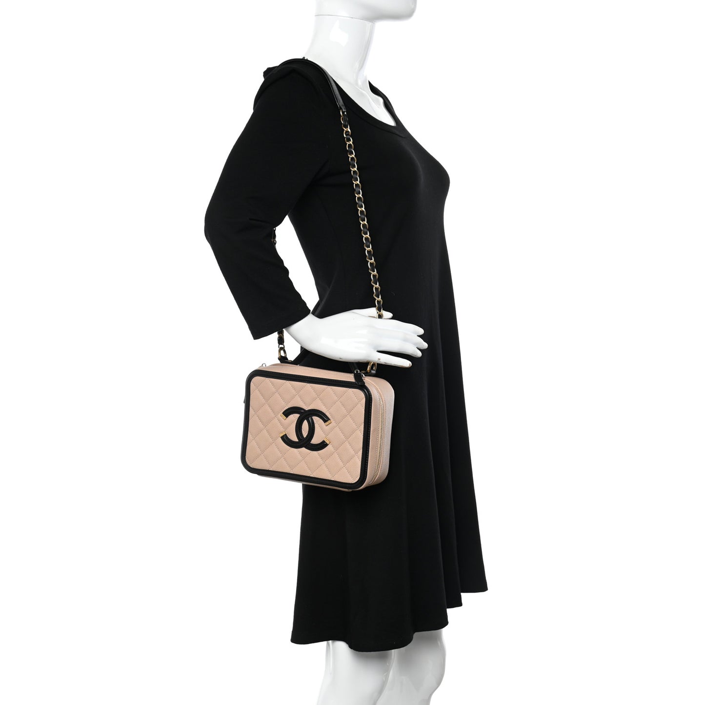 Caviar Quilted Medium CC Filigree Vanity Case Beige Black