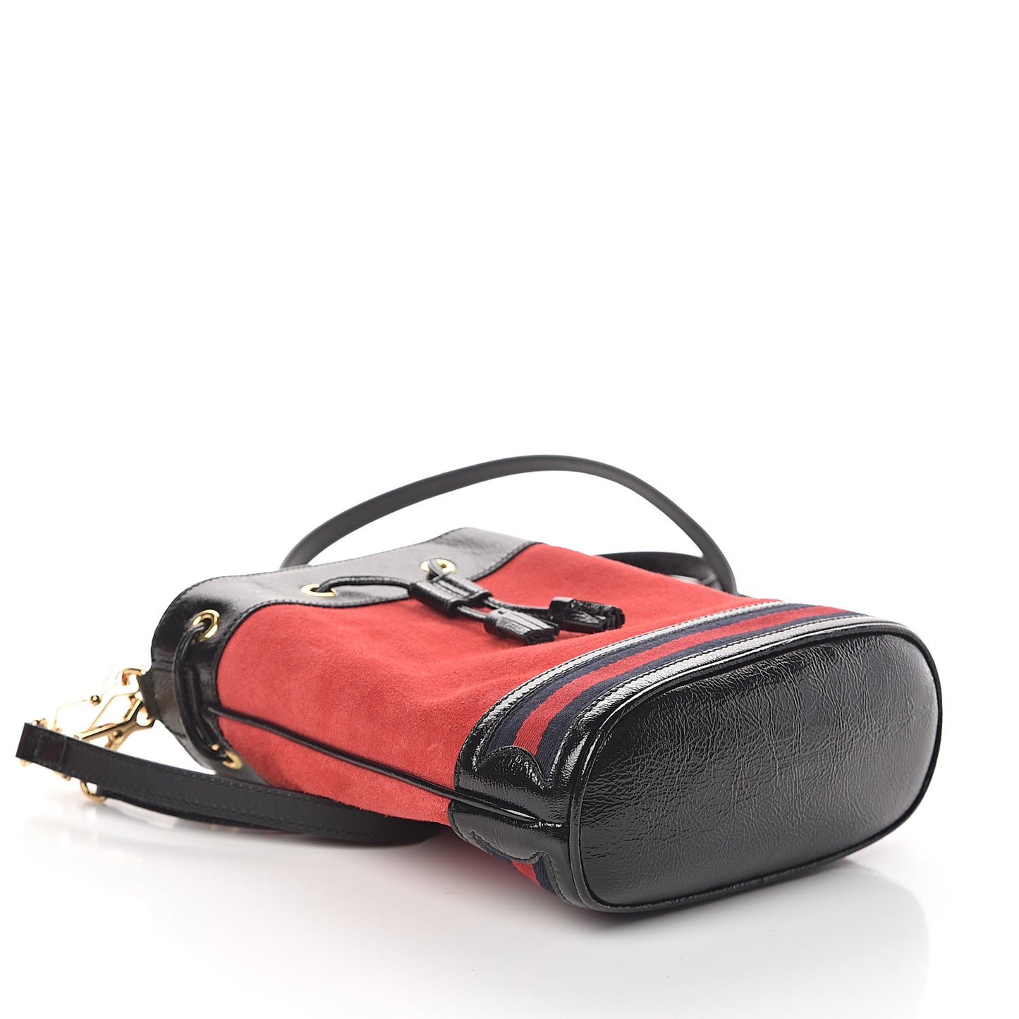 Suede Patent Web Small Ophidia Bucket Bag Hibiscus Red Black