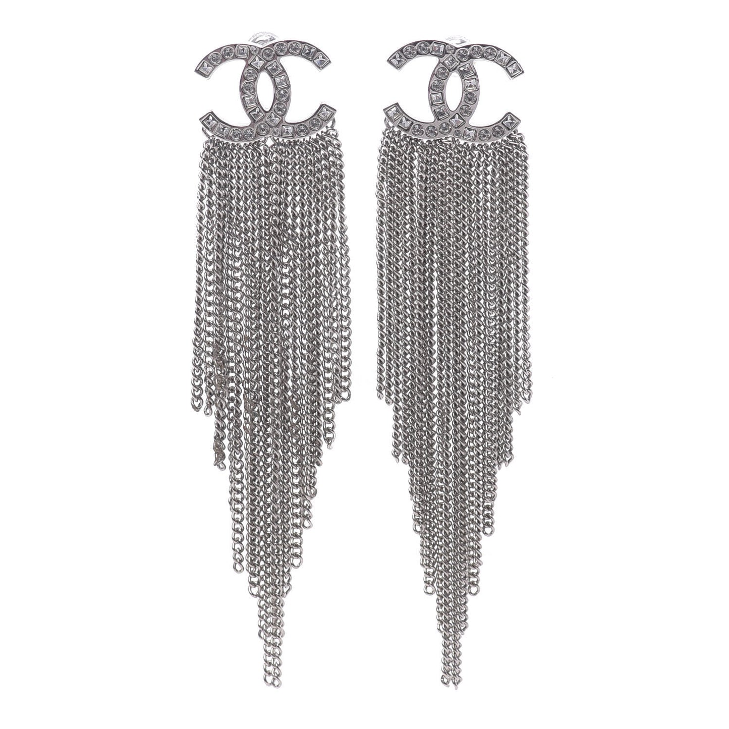 Baguette Crystal CC Chain Drop Earrings Silver