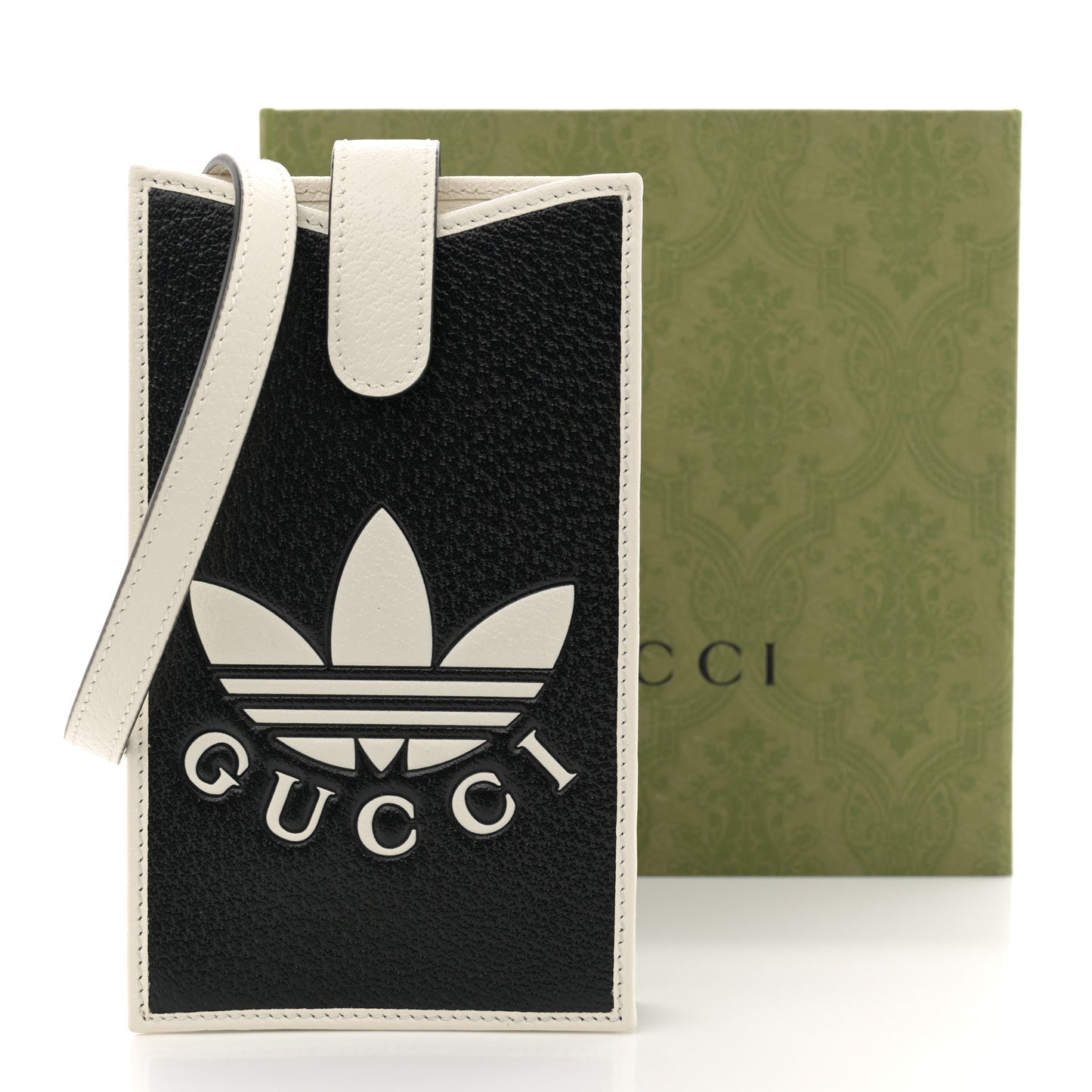 X ADIDAS Textured Dollar Calfskin Trefoil Embossed Phone Crossbody Bag Black Off White