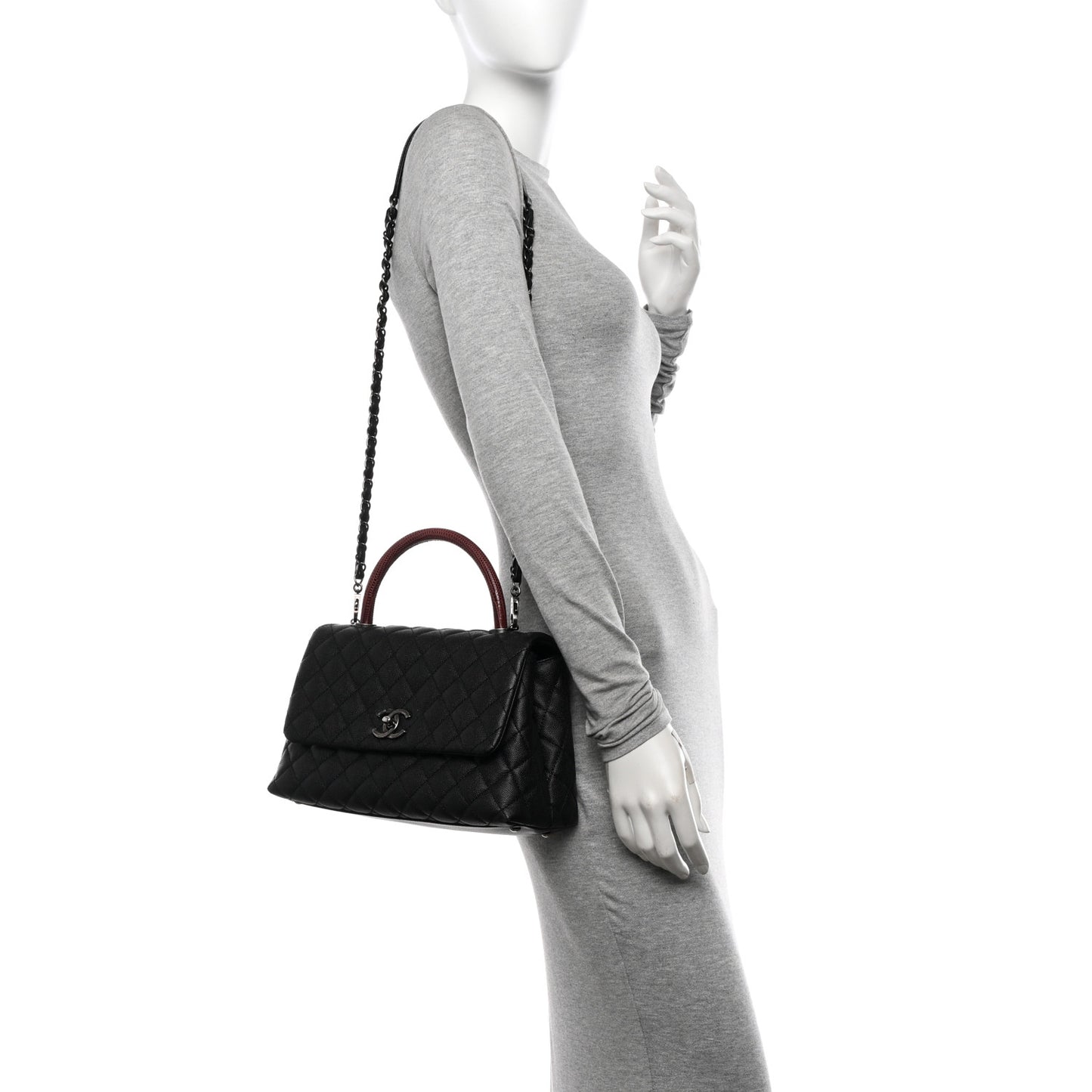 Caviar Lizard Embossed Quilted Small Coco Handle Flap Black