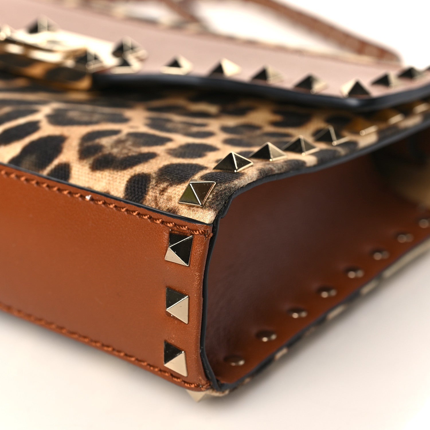 Valentino Garavani Calfskin Canvas Leopard Print Medium Rockstud Flip Lock Crossbody Bag Tan 8 of 9