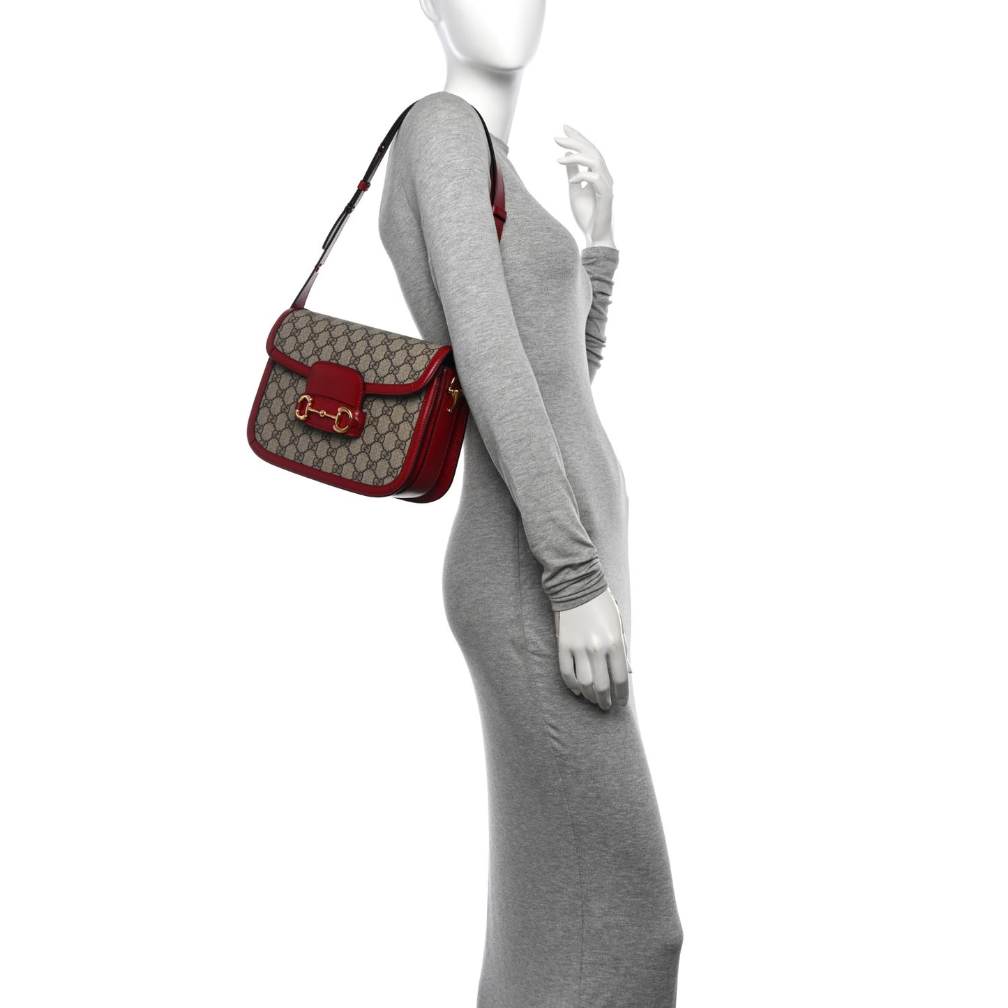 GG Supreme Monogram Azalea Calfskin Horsebit 1955 Shoulder Bag Beige Ebony New Cherry Red