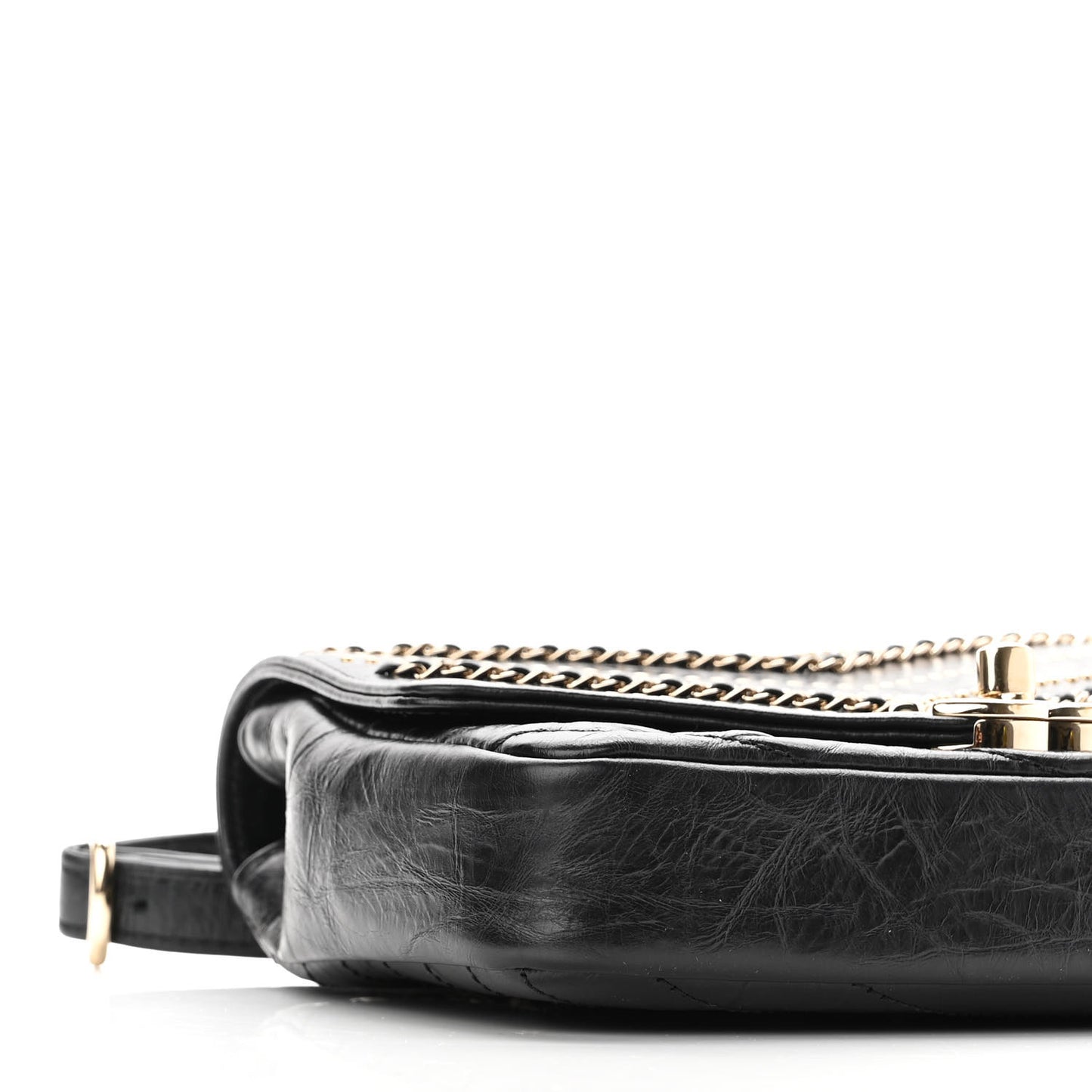 Crumpled Calfskin Chevron Chain Mini Square Flap Black