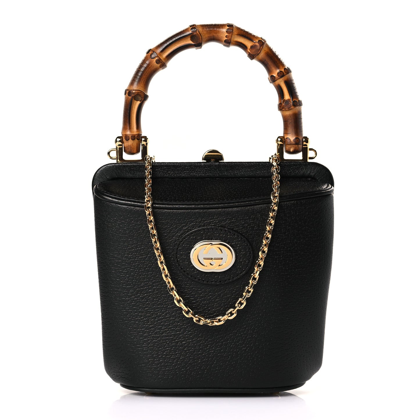 Textured Dollar Calfskin Bamboo Mini Marina Bucket Bag Black