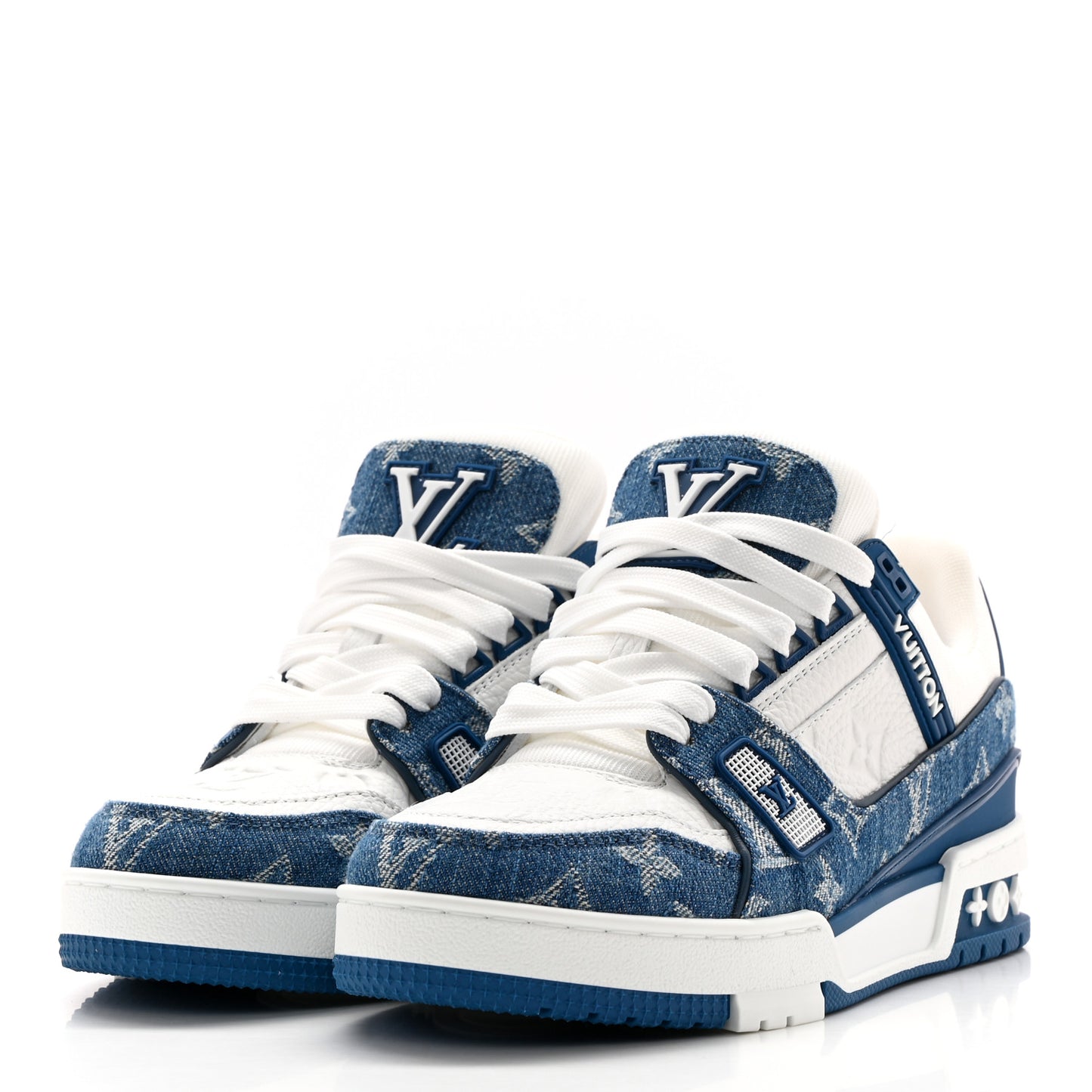 Calfskin Embossed Monogram Denim Womens LV Trainer Sneakers 36 Blue